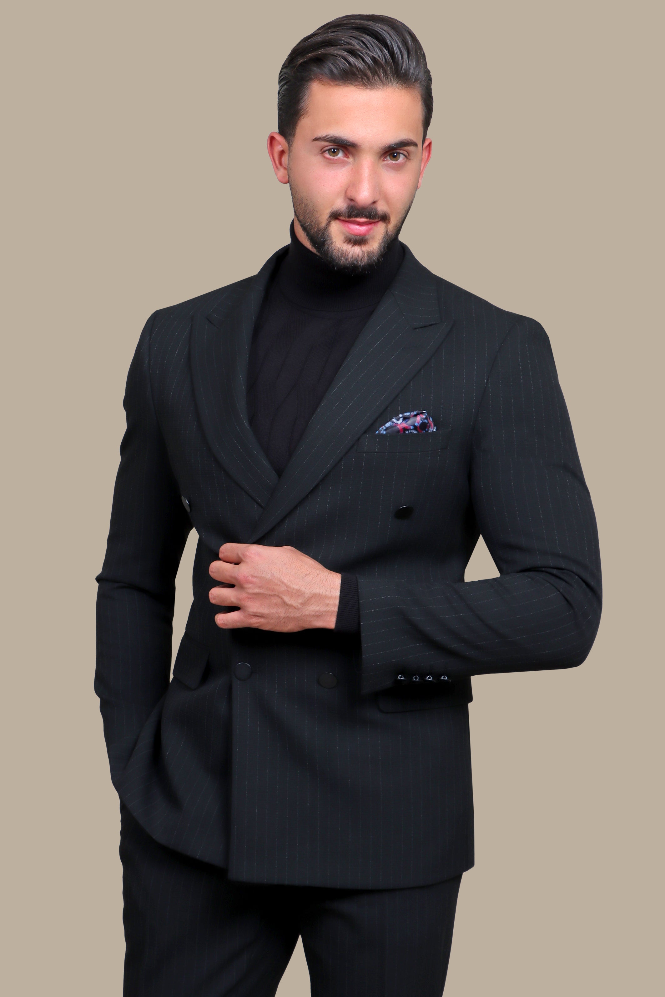 Classic Elegance: Black Double-Breasted Suit with Timeless Stripes