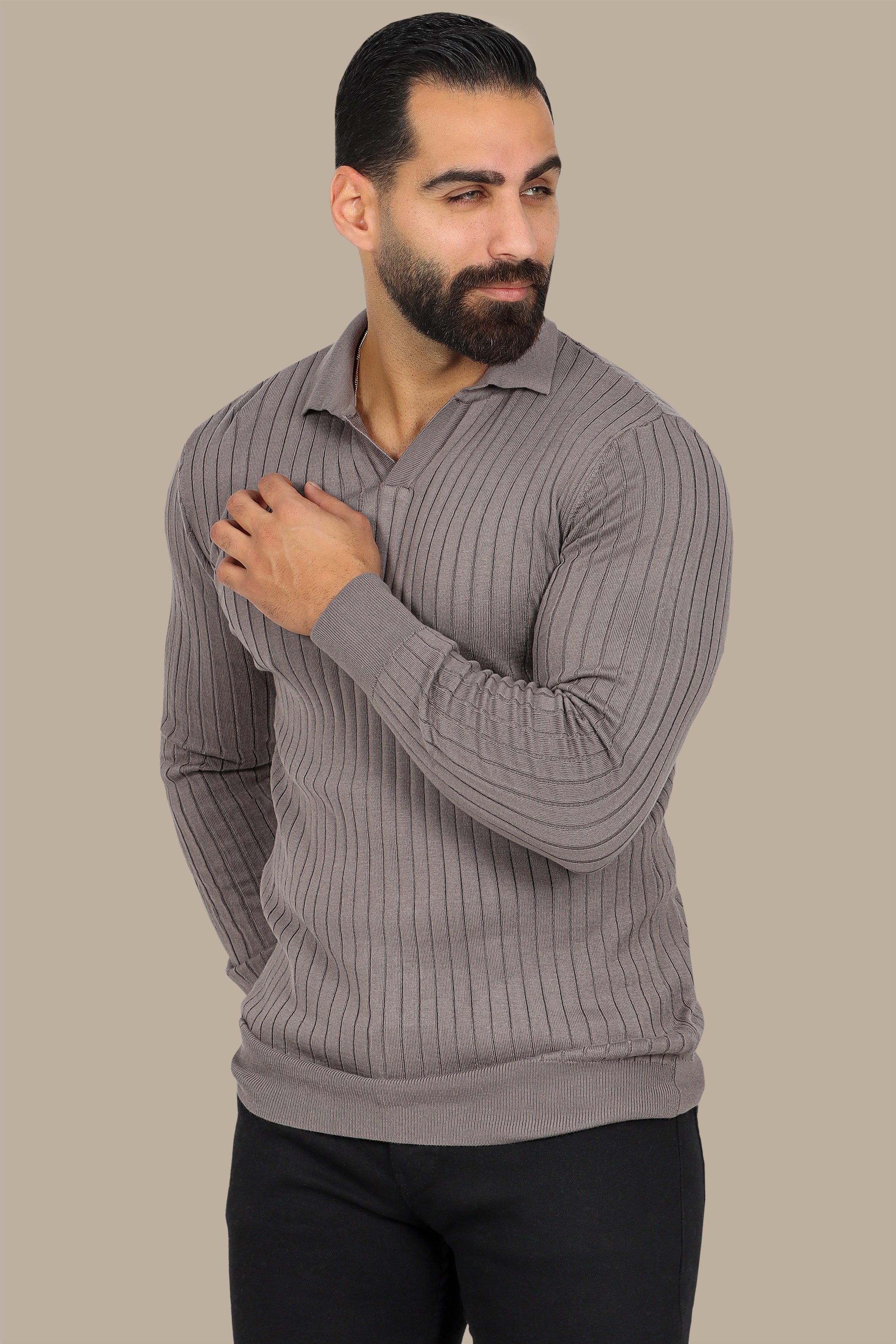 Beige Basic Polo with Vertical Lines