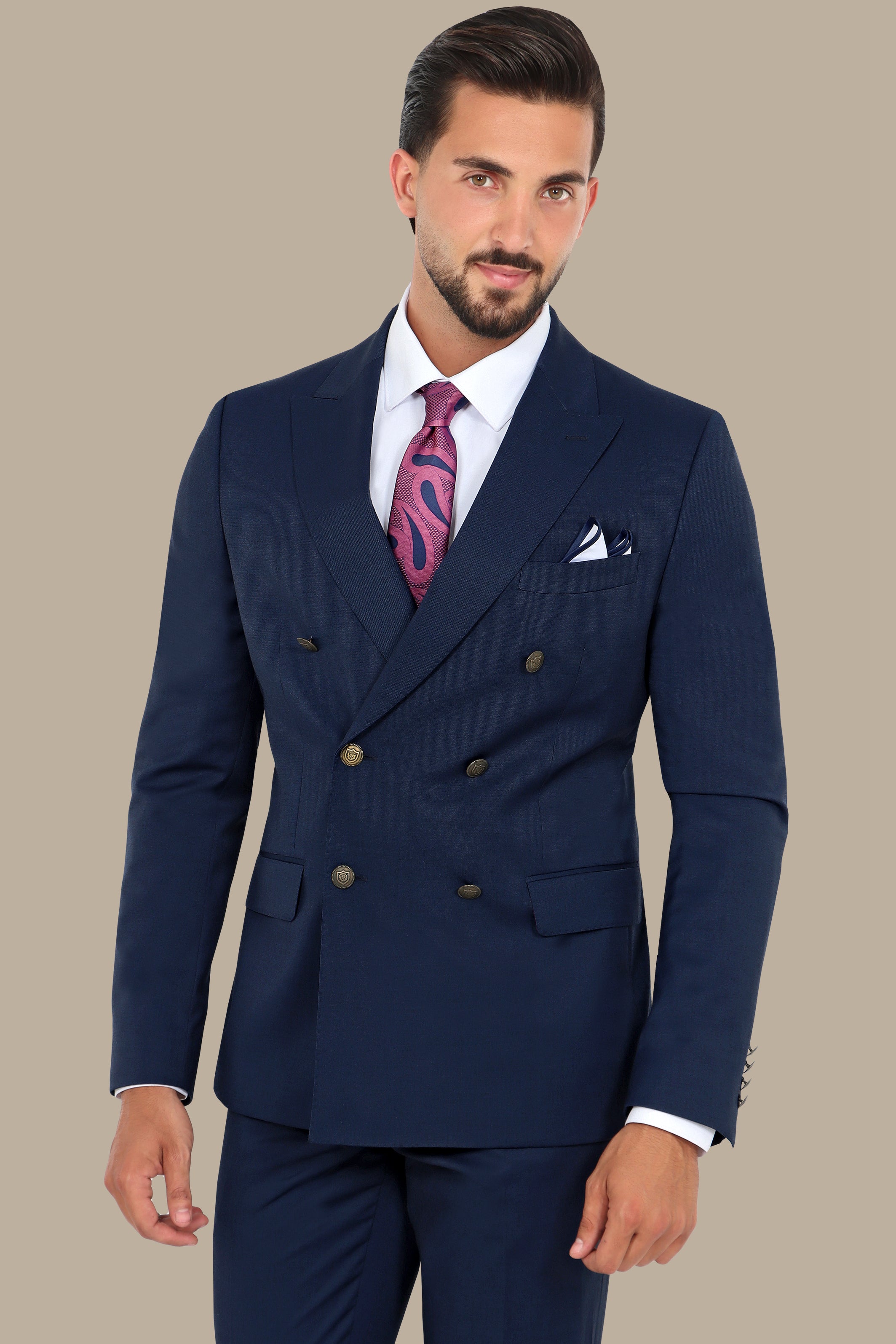 Navy Three-Piece Double-Breasted Suit with Metal Buttons