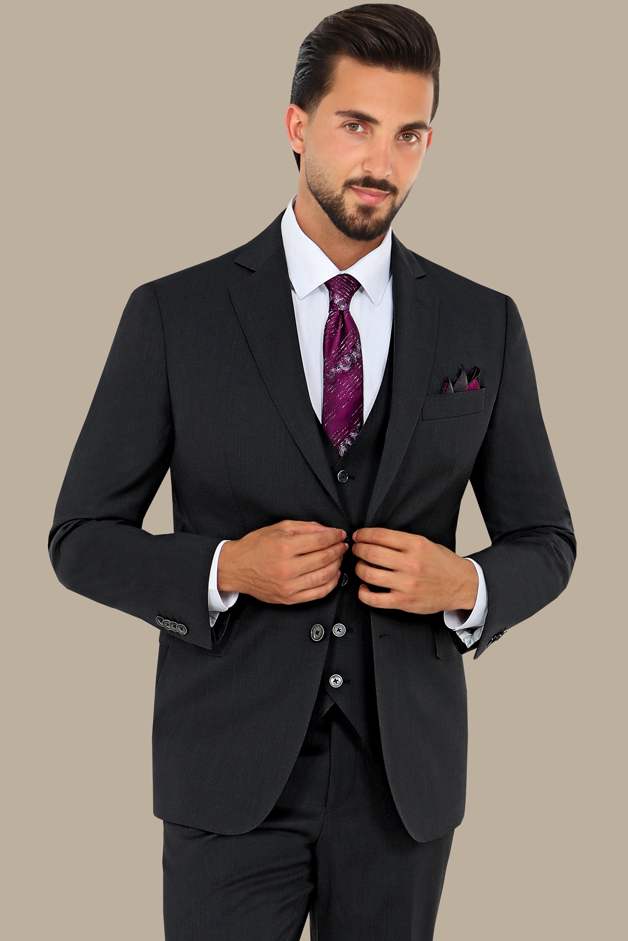 Dark Gray Wool Regular Fit 3-Piece Suit