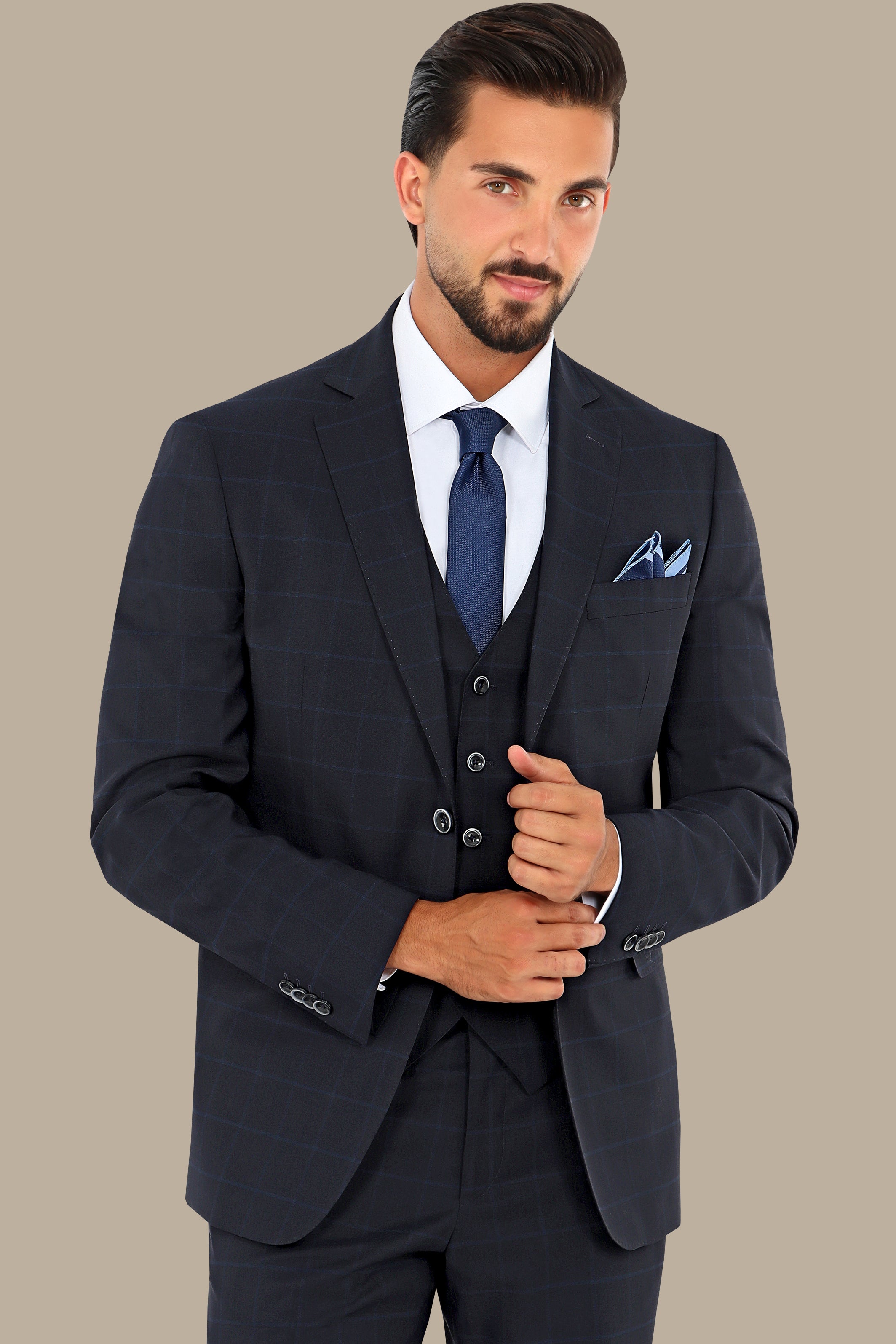 Navy Wool Checked Regular Fit 3-Piece Suit