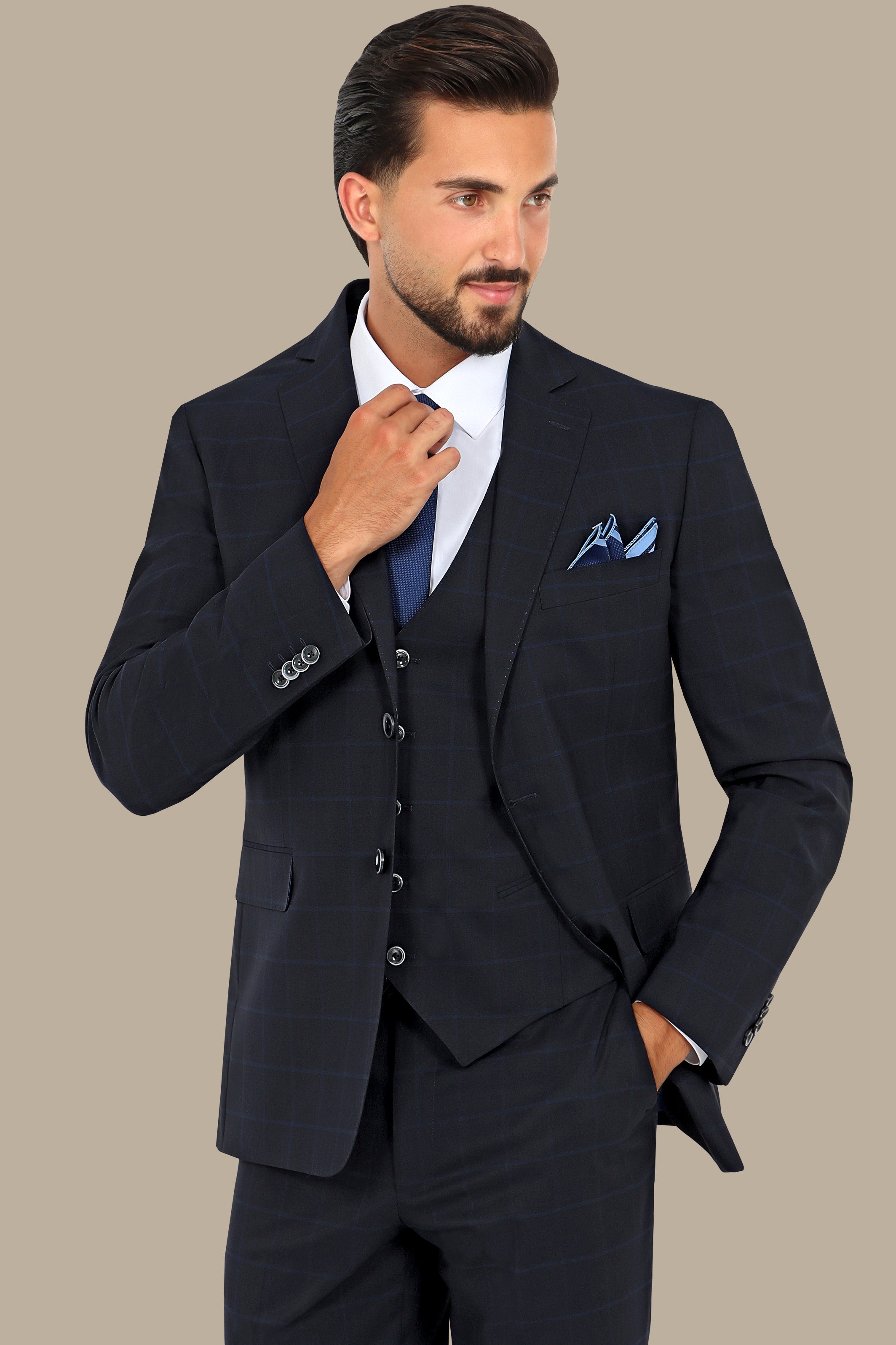 Navy Wool Checked Regular Fit 3-Piece Suit