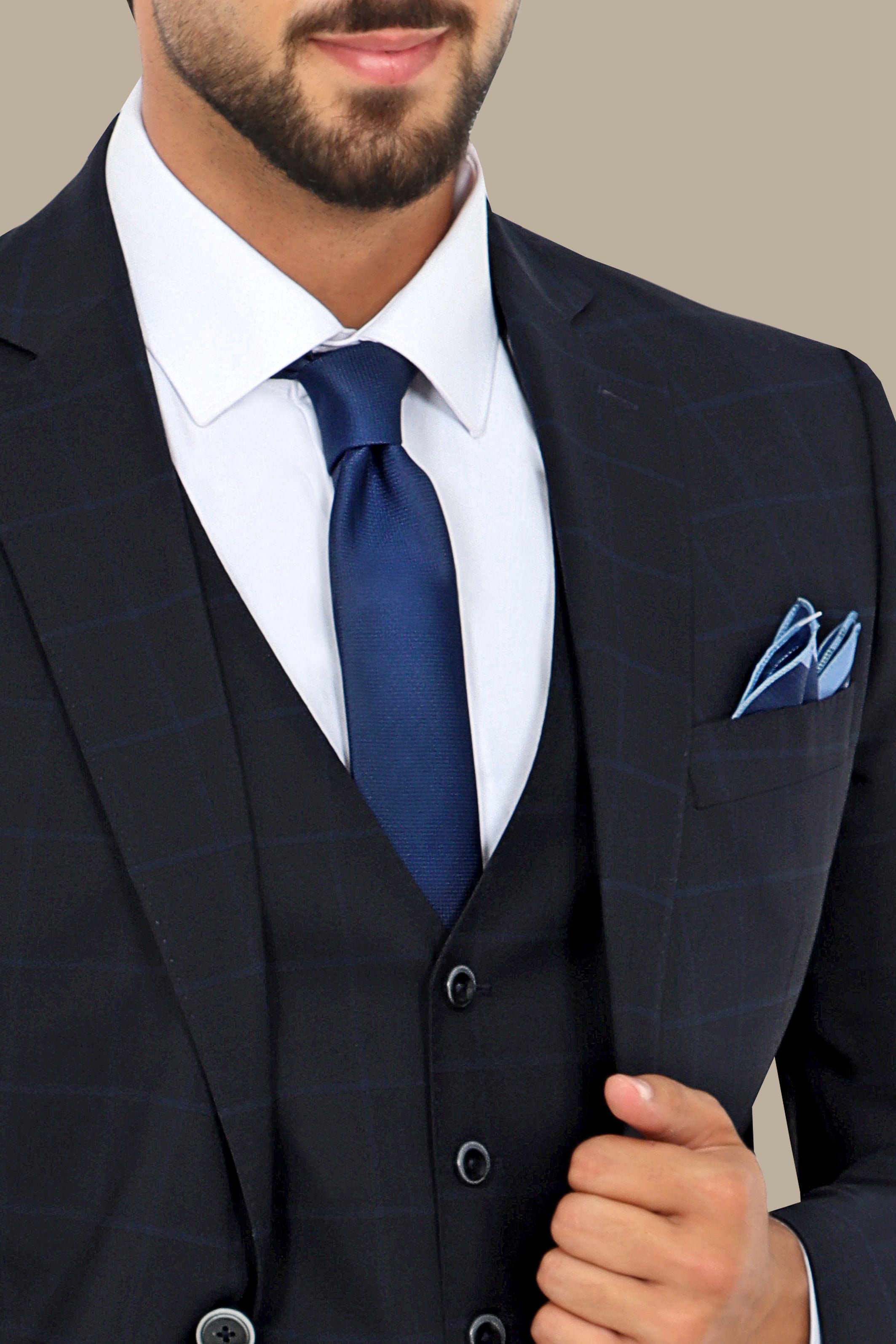 Navy Wool Checked Regular Fit 3-Piece Suit