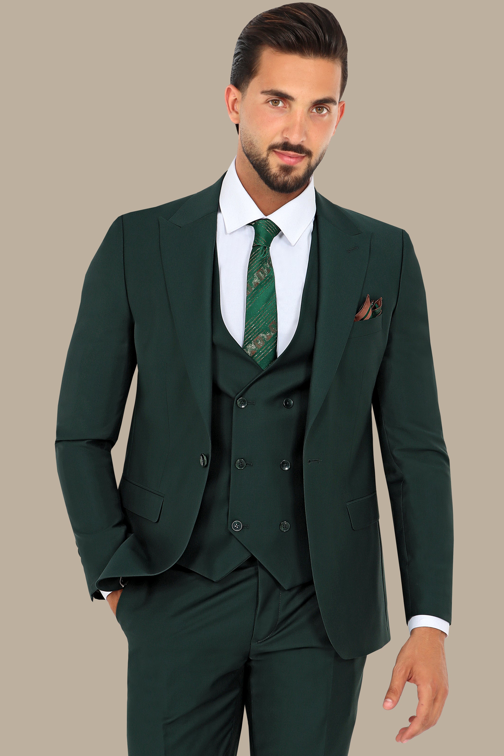 Green Peak Lapel Plain 3-Piece Suit