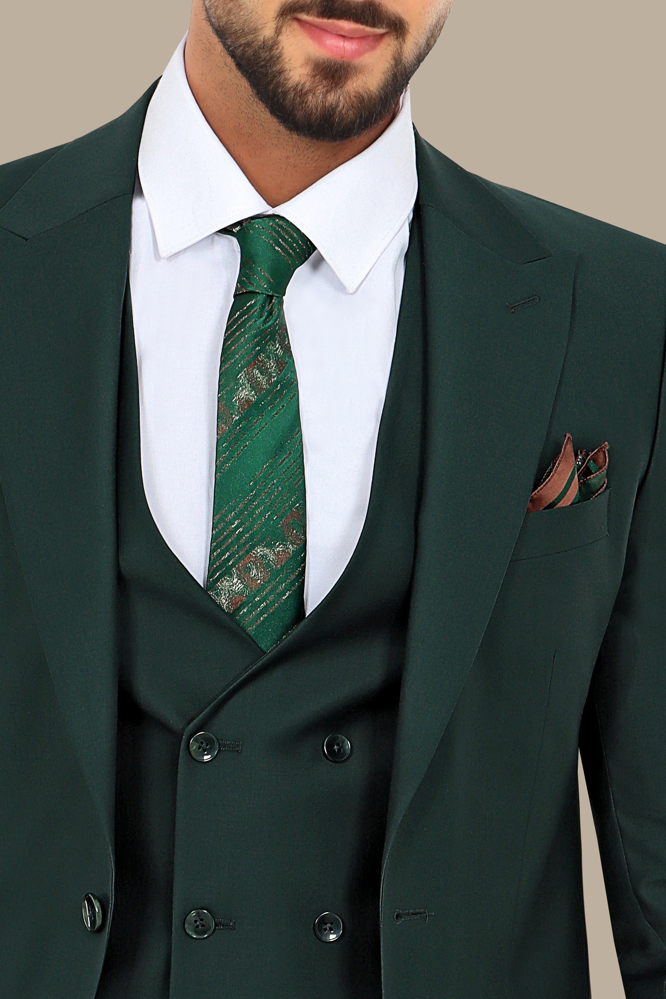 Green Peak Lapel Plain 3-Piece Suit