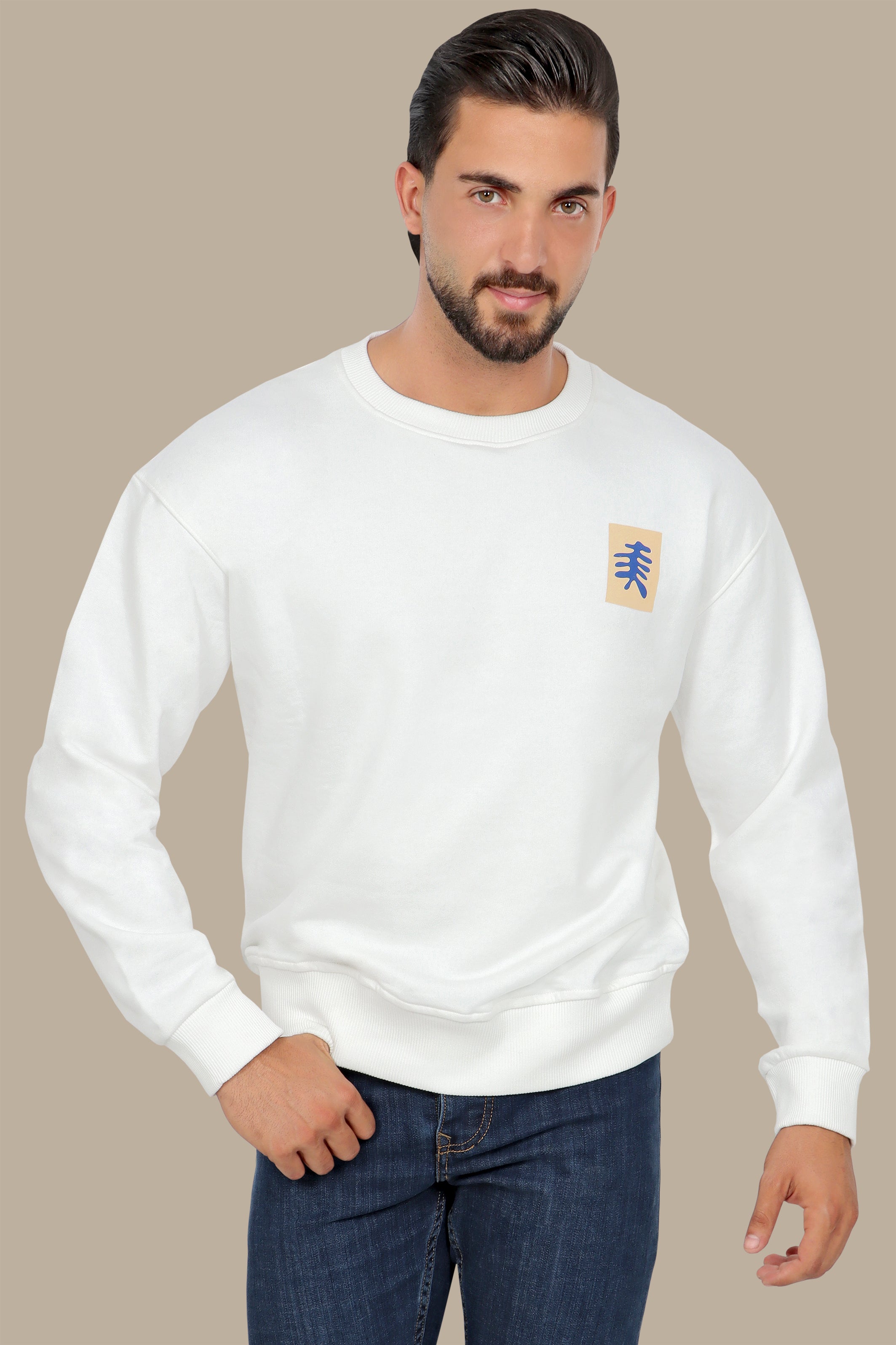 Whimsical Canvas: White Sweatshirt with Back Printed Faces