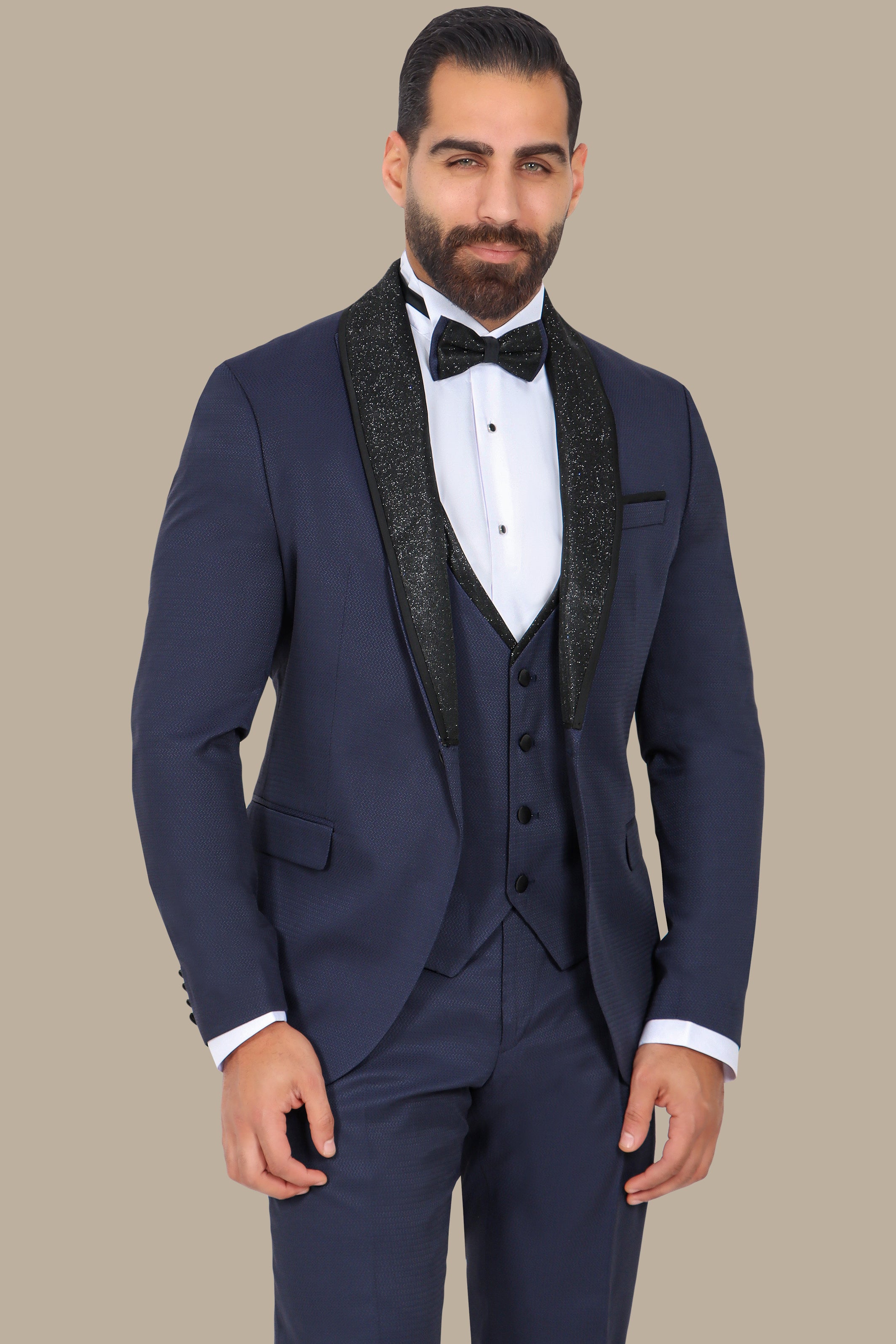 Navy Structured Tuxedo with Glittered Collar – 4-Piece Set