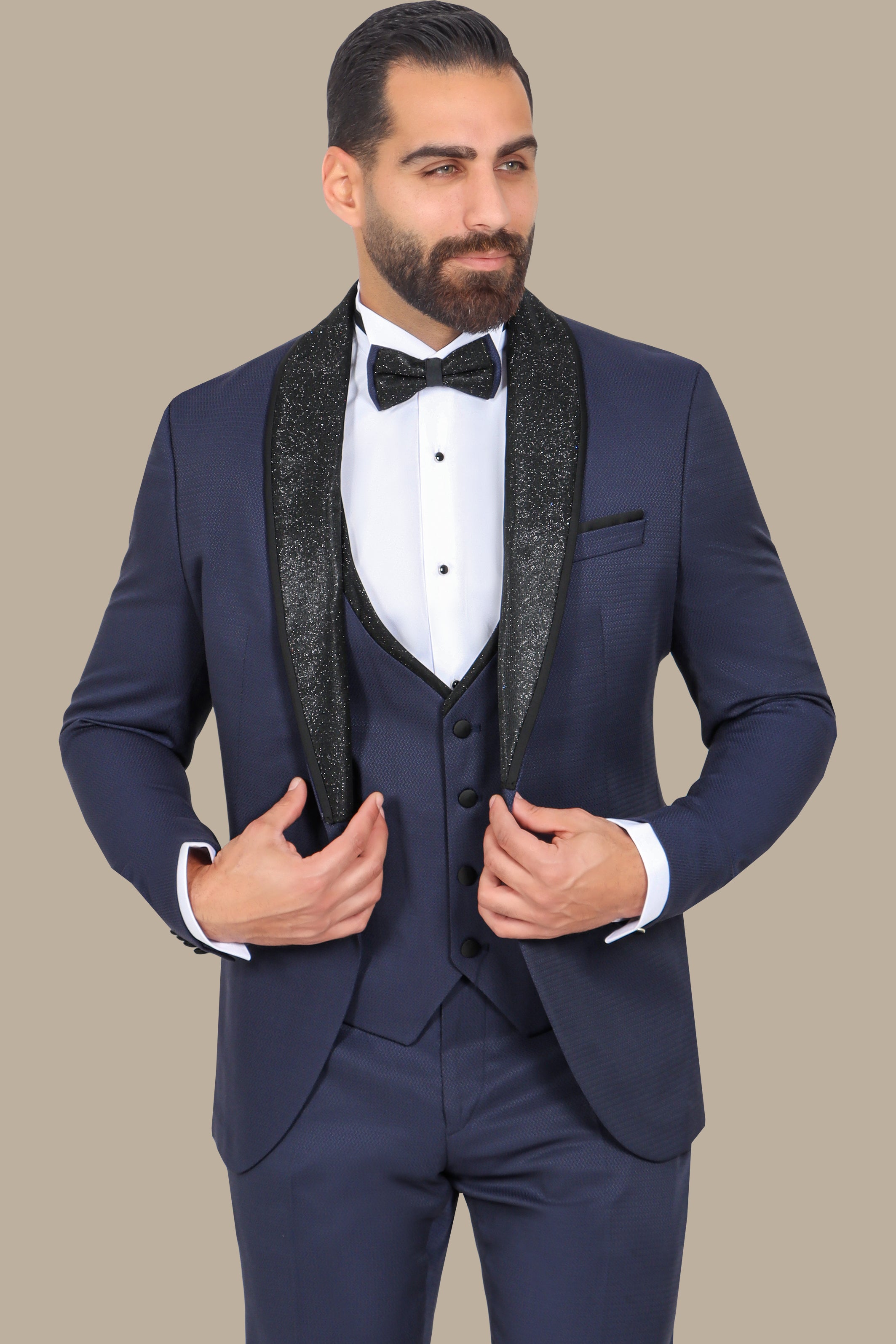 Navy Structured Tuxedo with Glittered Collar – 4-Piece Set