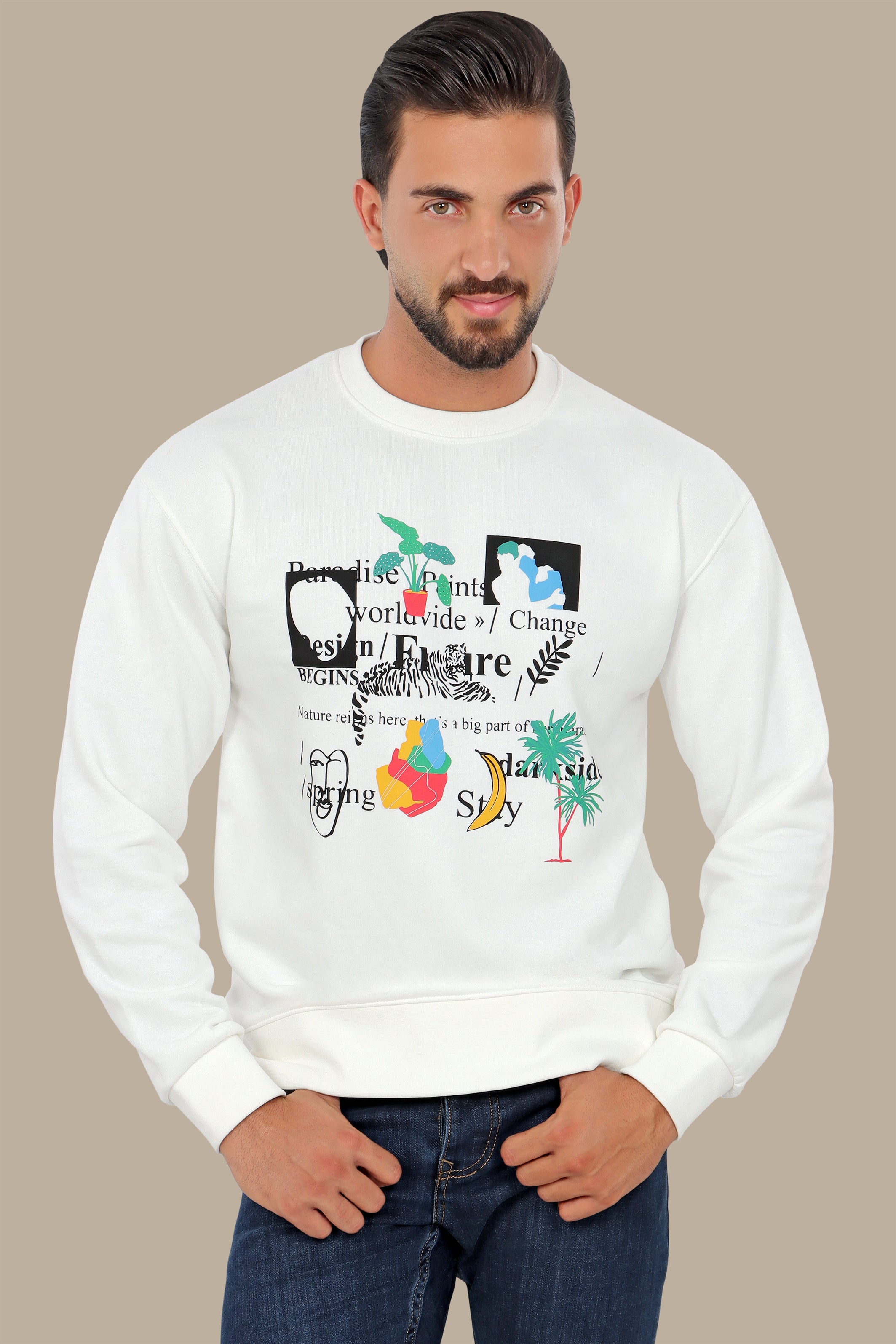 Graphic Appeal: White Sweatshirt with R Prints & Letters