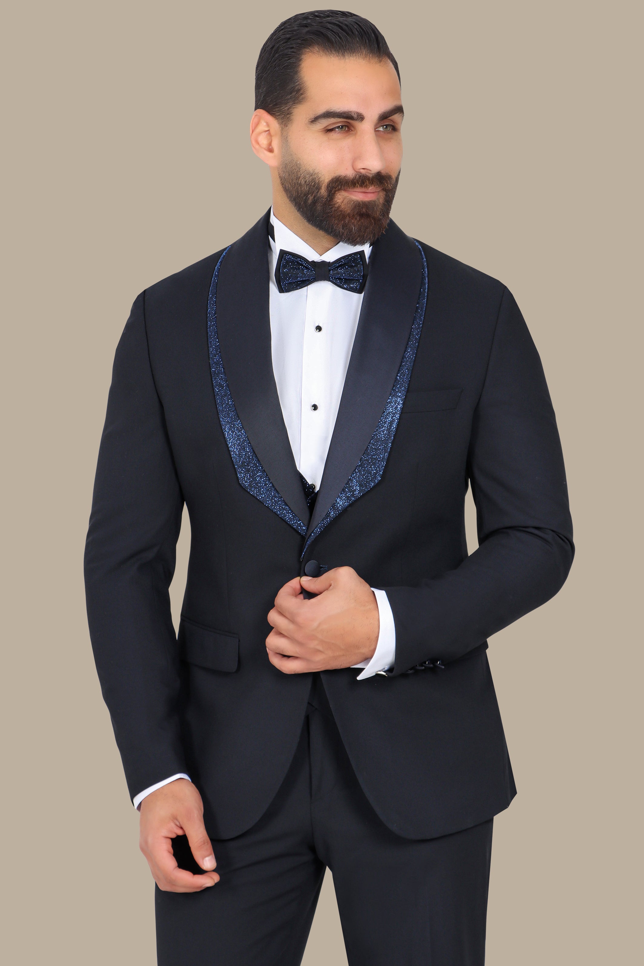 Navy Tuxedo with Glittered Shawl Collar – 4-Piece, 2-Layer Set