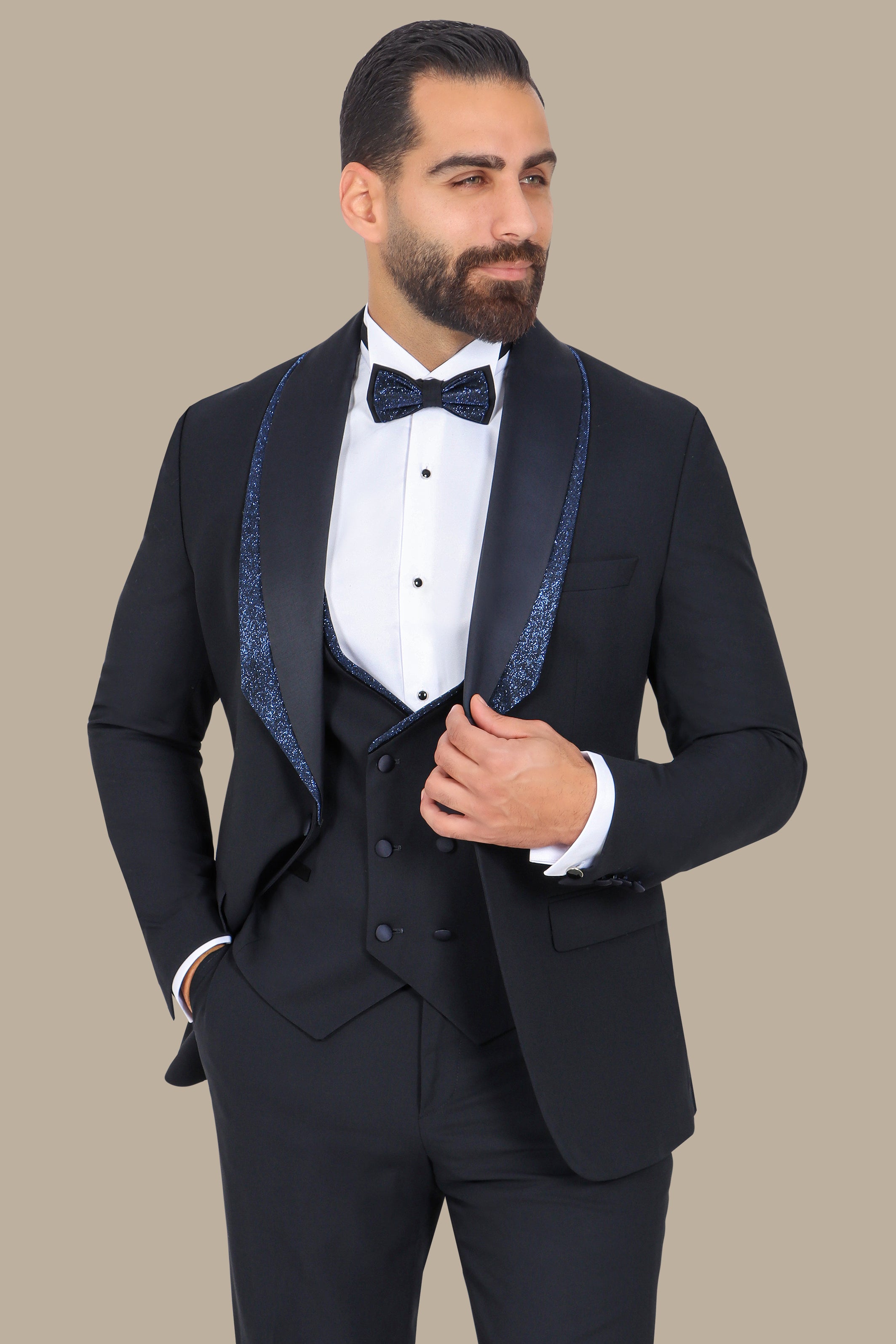 Navy Tuxedo with Glittered Shawl Collar – 4-Piece, 2-Layer Set