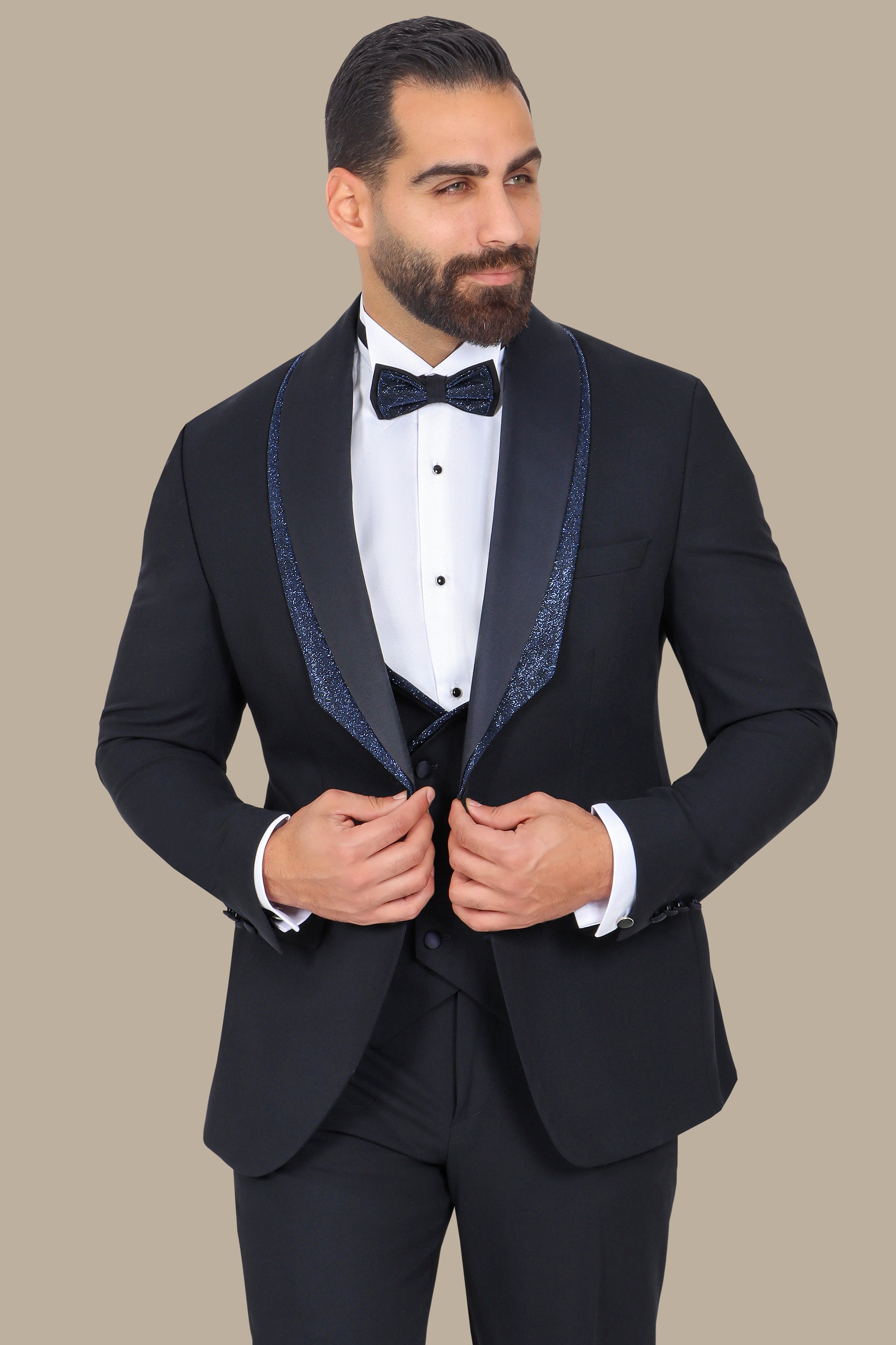 Navy Tuxedo with Glittered Shawl Collar – 4-Piece, 2-Layer Set