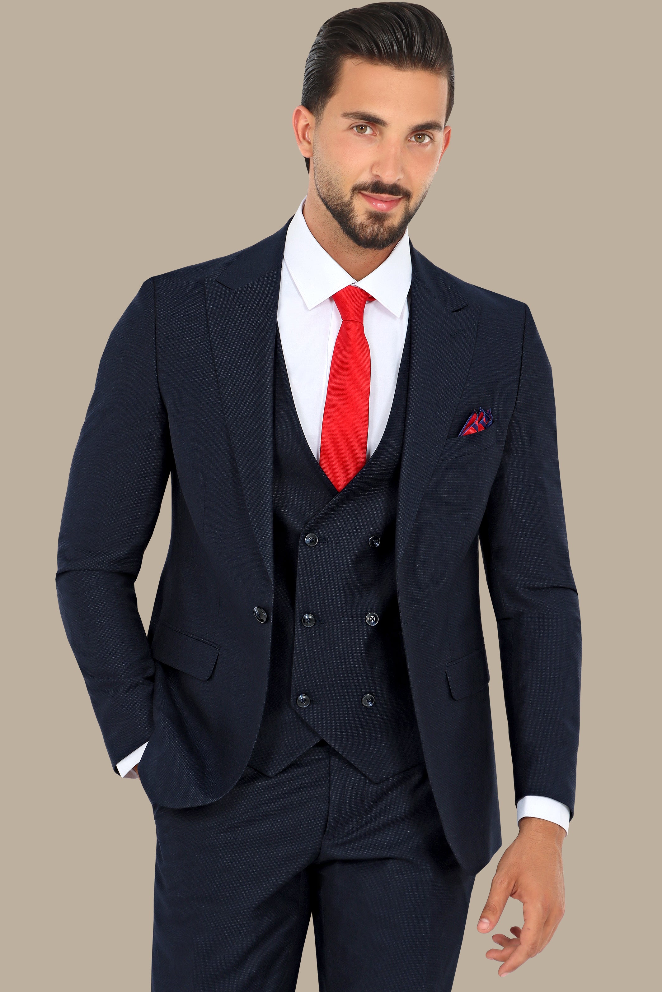 Navy Checkered Elegance: The Peak Lapel 3-Piece Suit