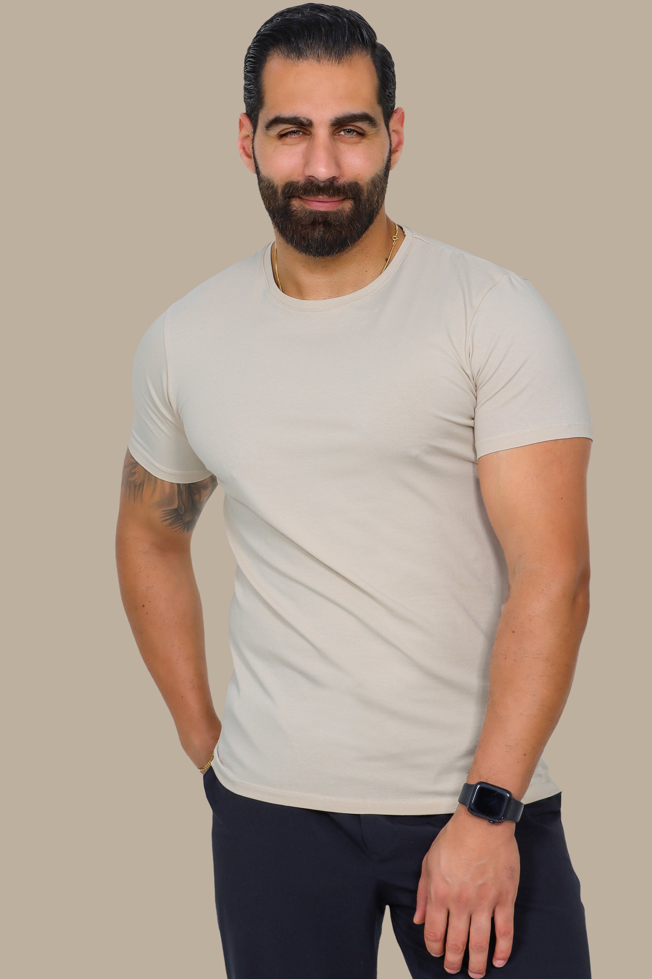 Light Beige Basic Round Neck T-Shirt