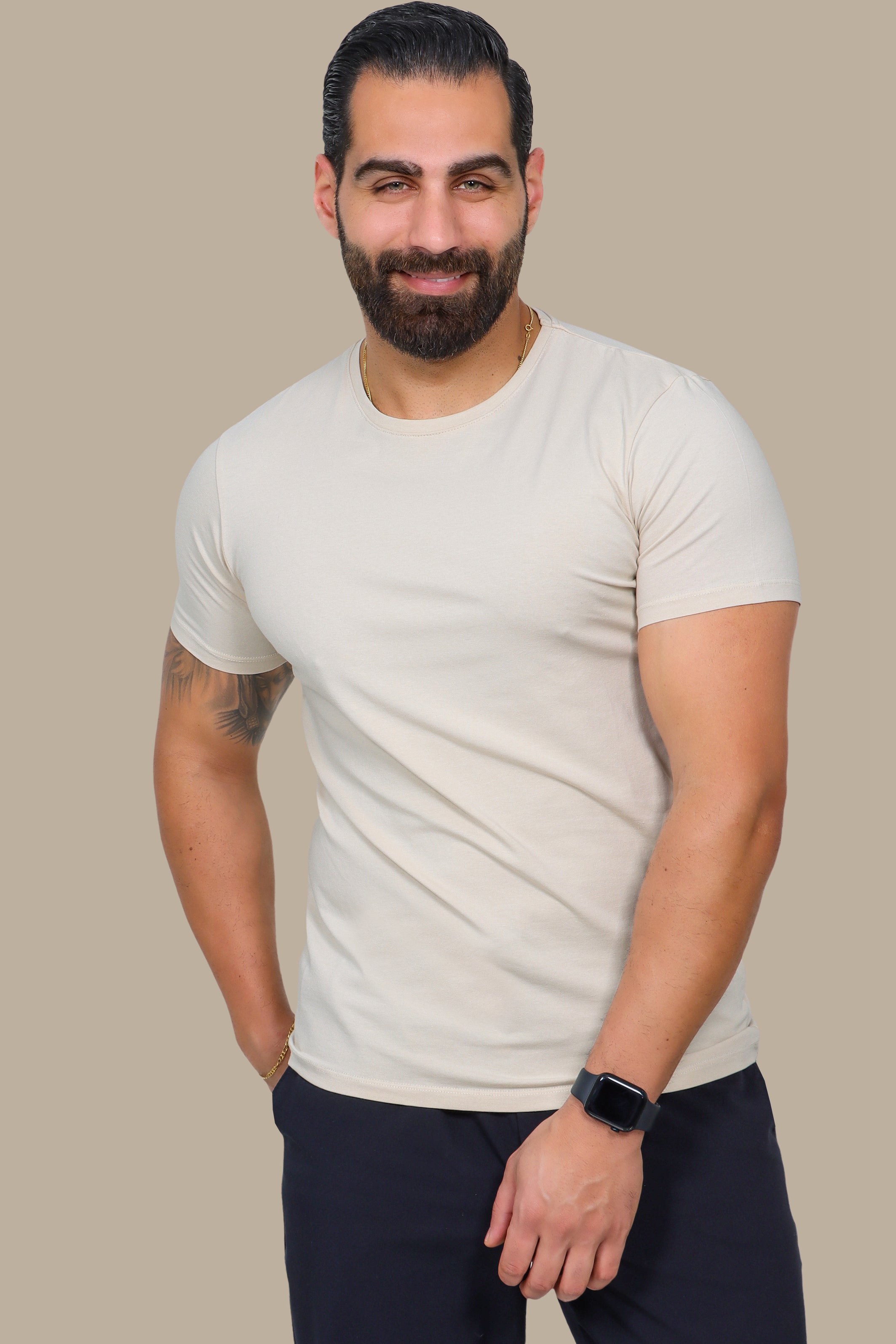 Light Beige Basic Round Neck T-Shirt