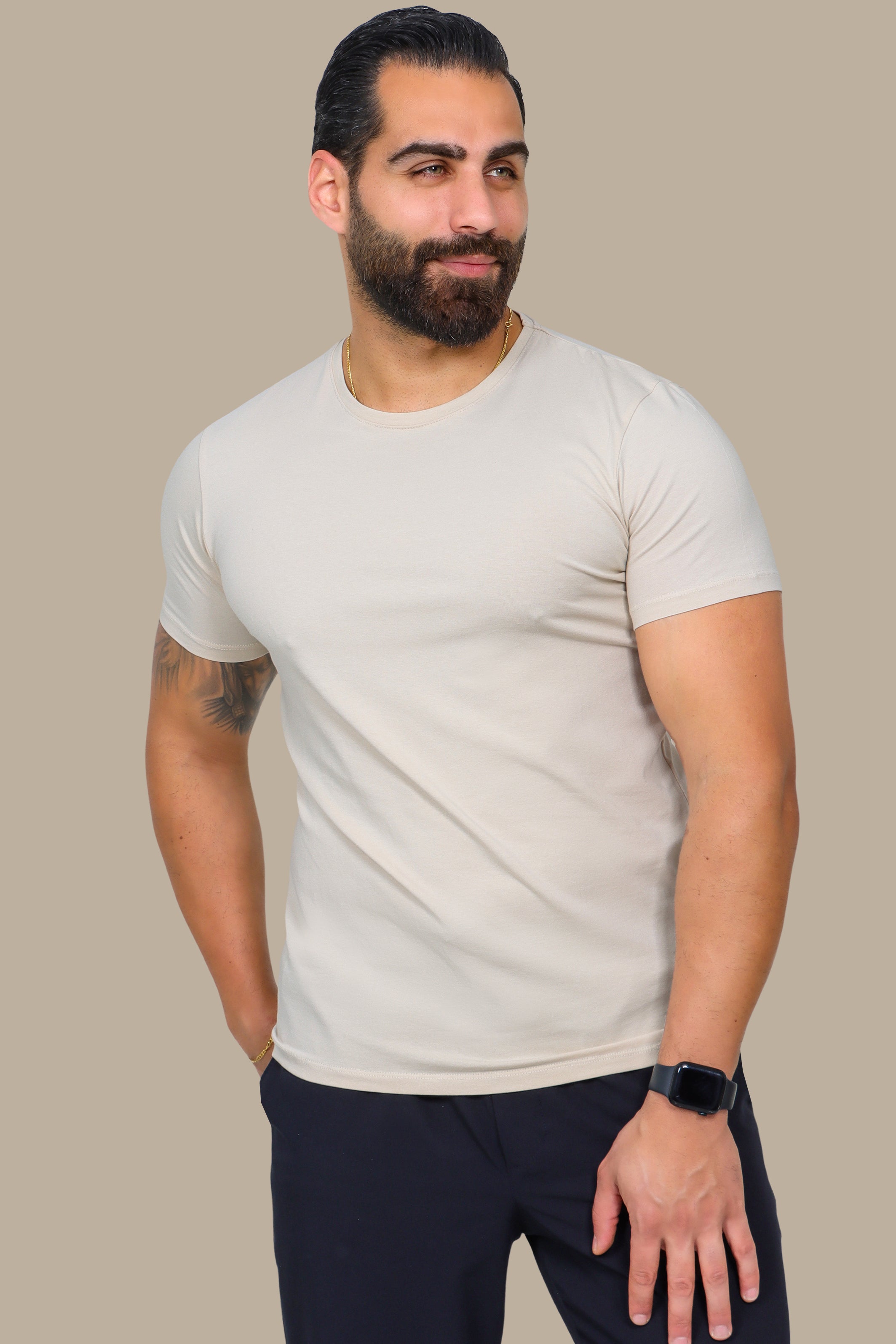 Light Beige Basic Round Neck T-Shirt