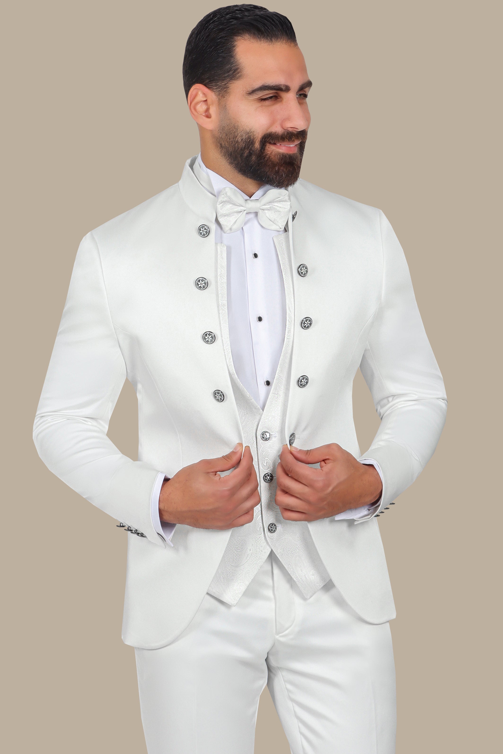 White 4-Piece Tuxedo with Col Chale & 12 Buttons