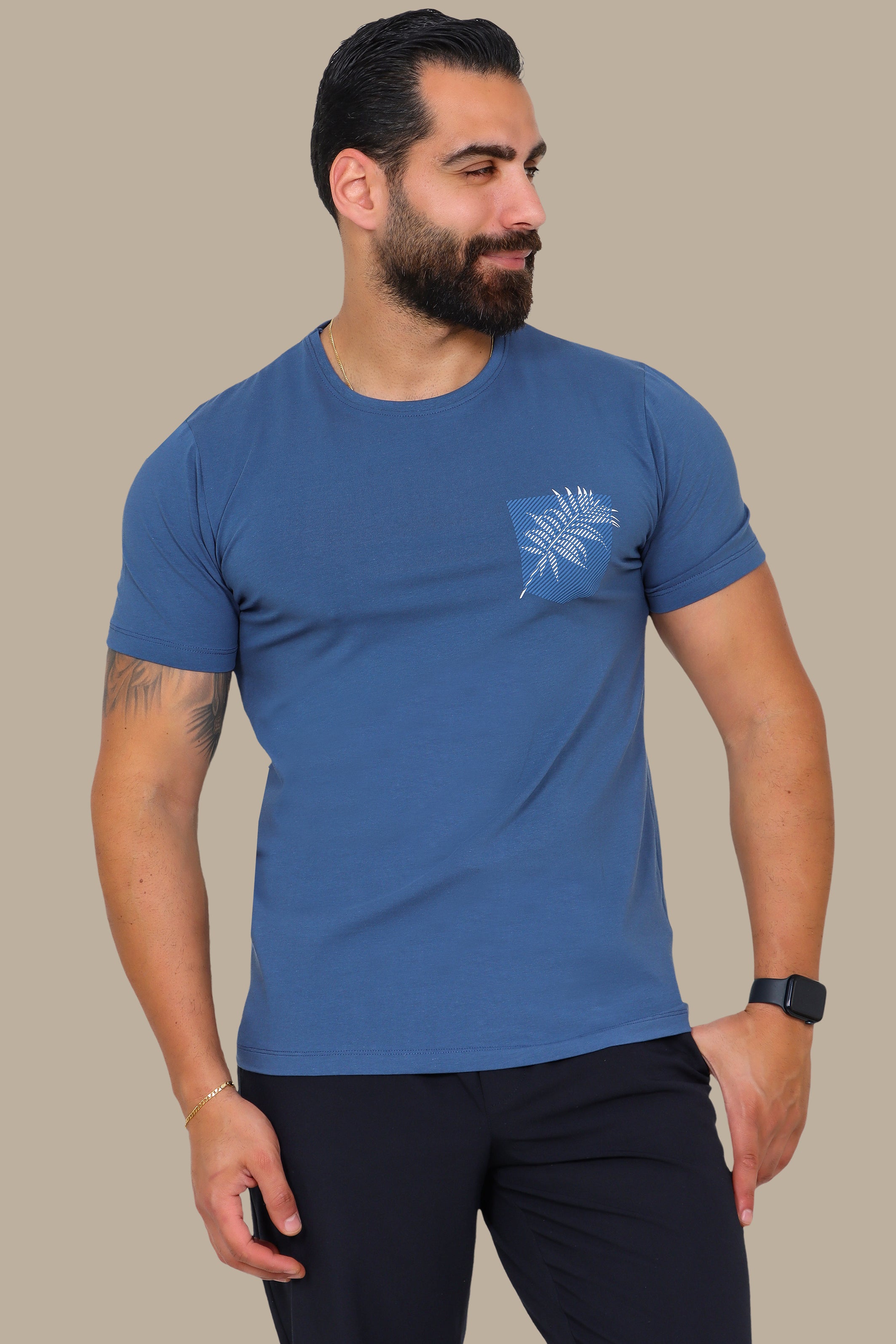 Blue T-Shirt with Pocket and Leaf Print