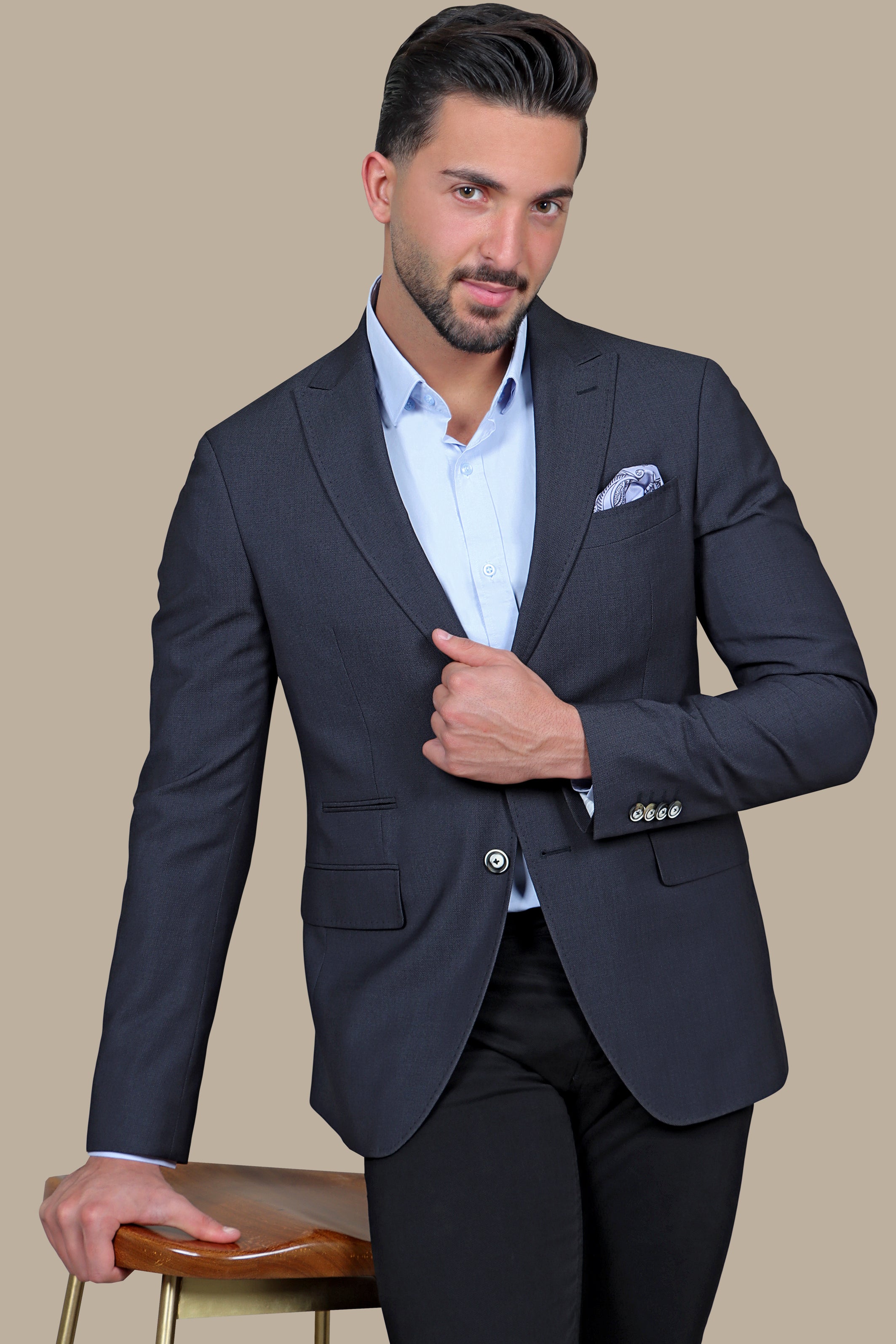 Dark Grey Slim Fit Lycra Blazer with Peak Lapel