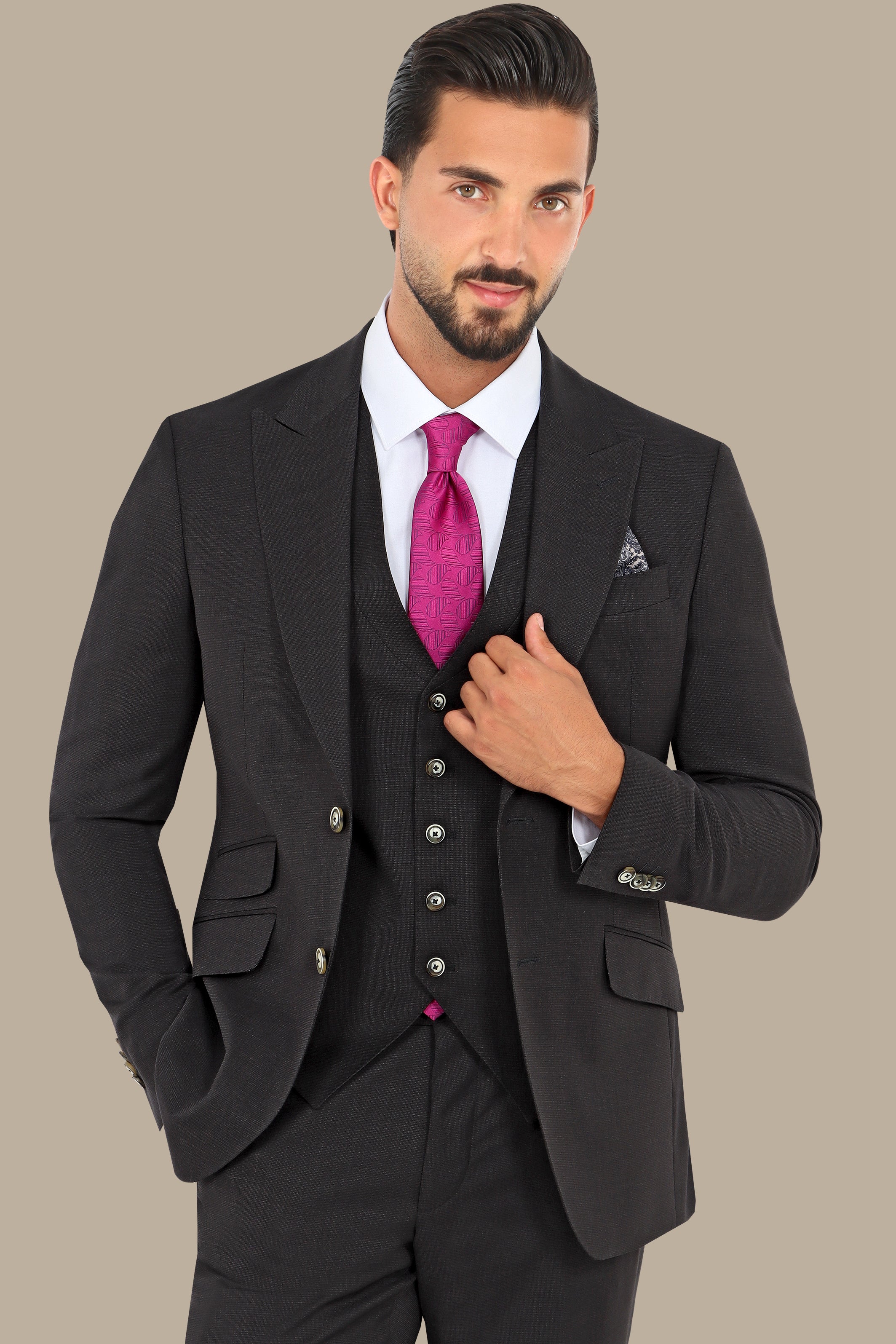 Black Fila Fil Lycra 3-Piece Suit with Peak Lapel