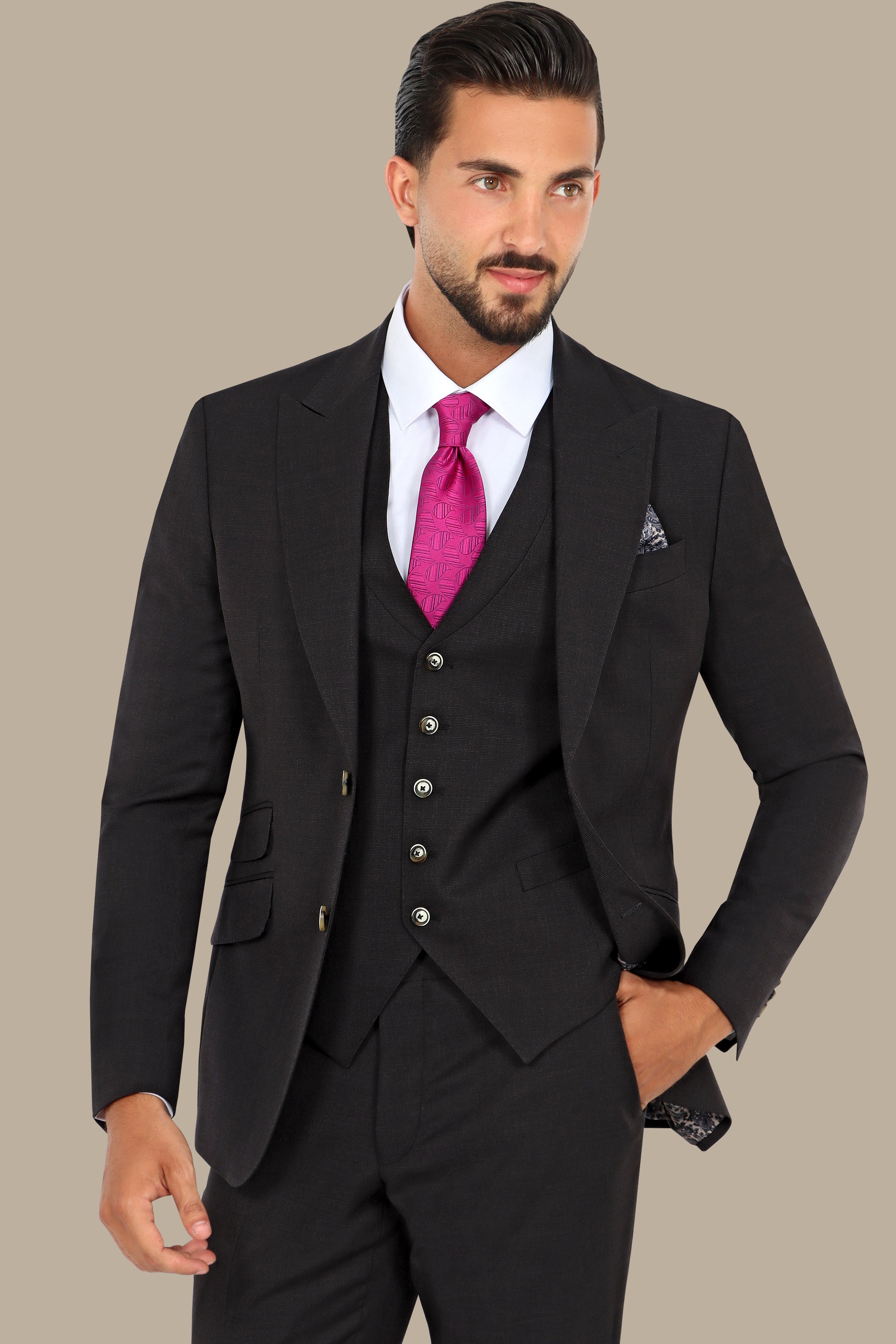 Black Fila Fil Lycra 3-Piece Suit with Peak Lapel