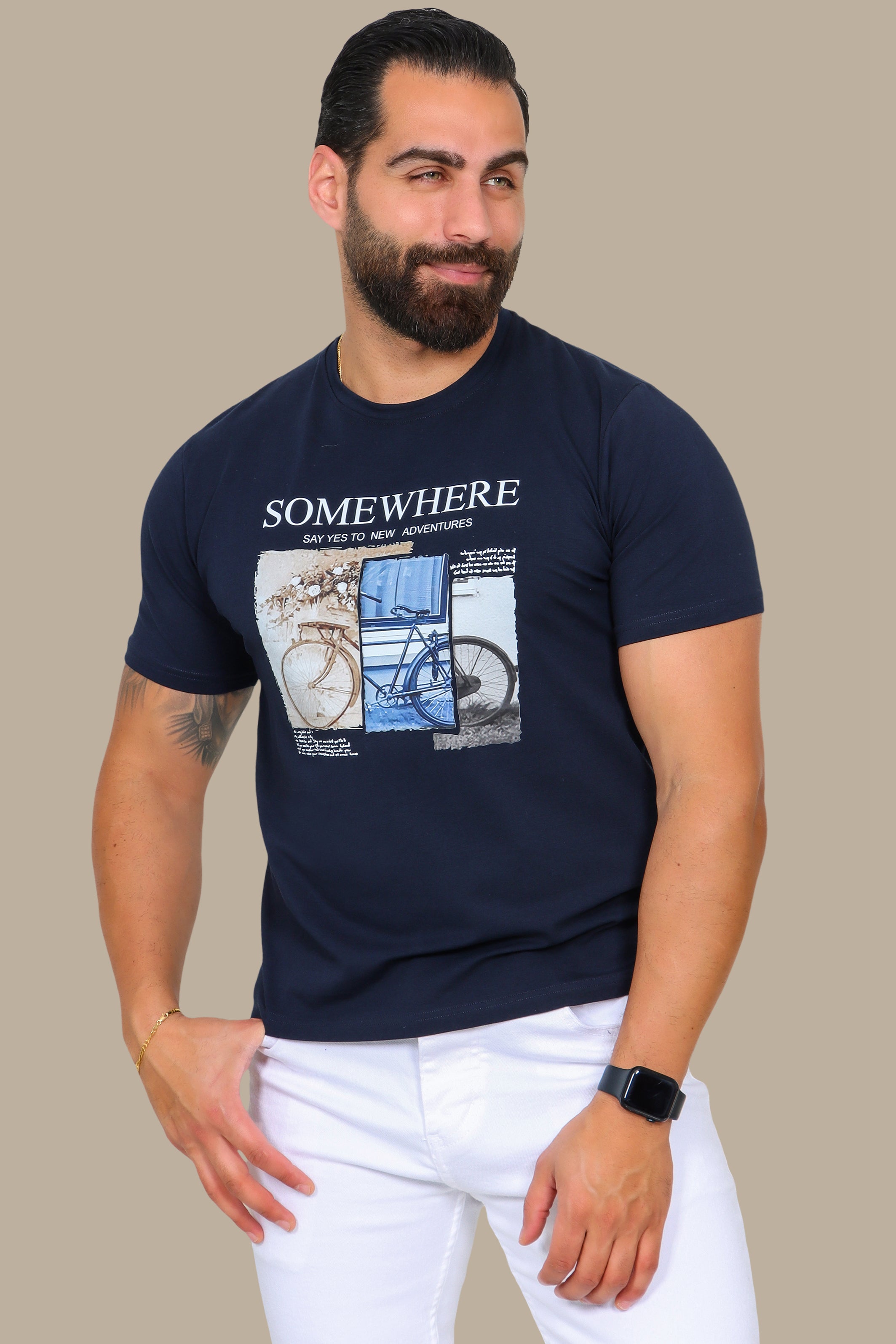 Navy T-Shirt with "Somewhere" and Bike Print