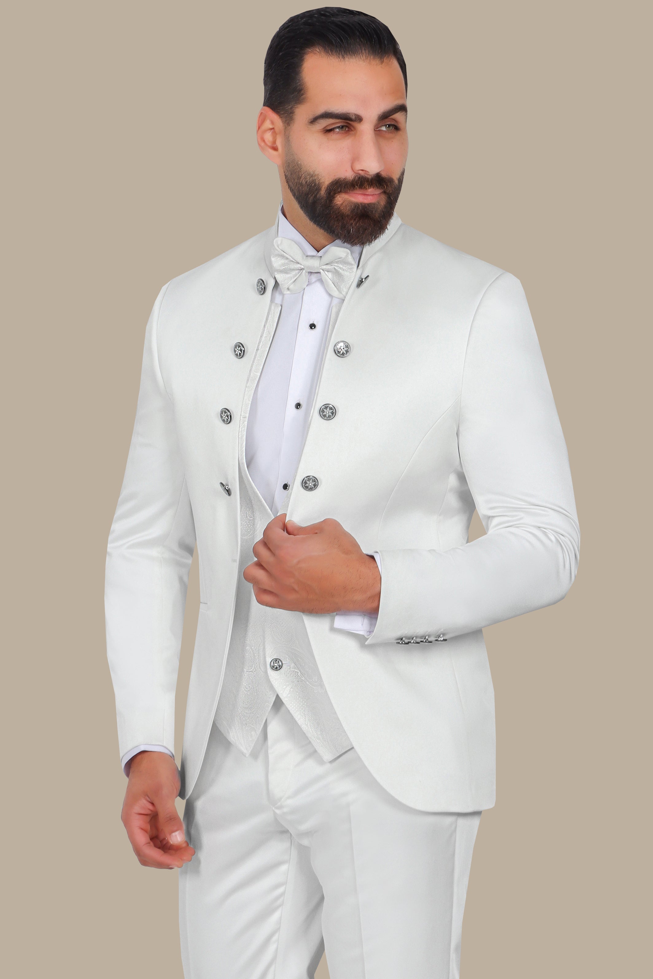 White 4-Piece Tuxedo with Col Chale & 12 Buttons