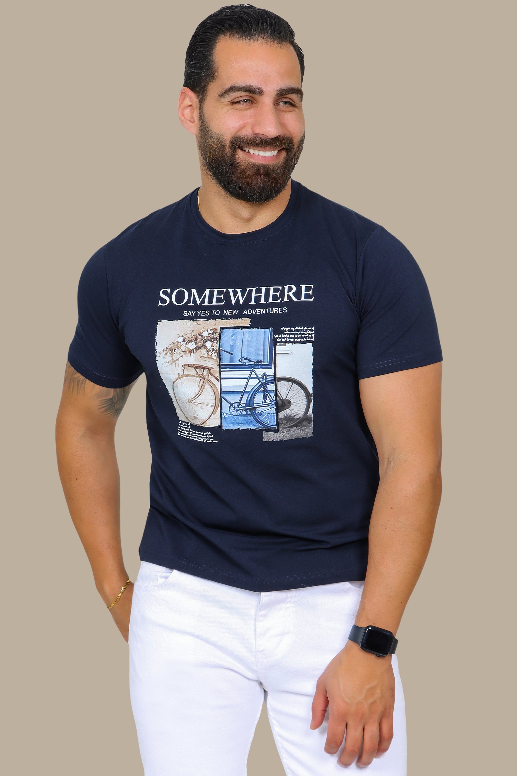 Navy T-Shirt with "Somewhere" and Bike Print