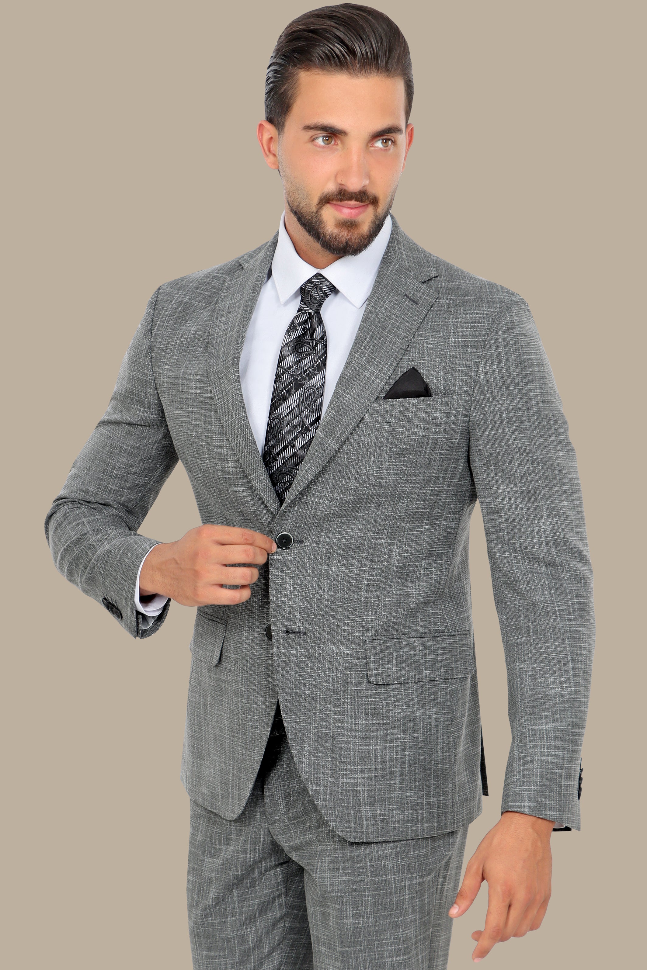 Grey Slim Fit Suit with Down Notch Patch Pockets