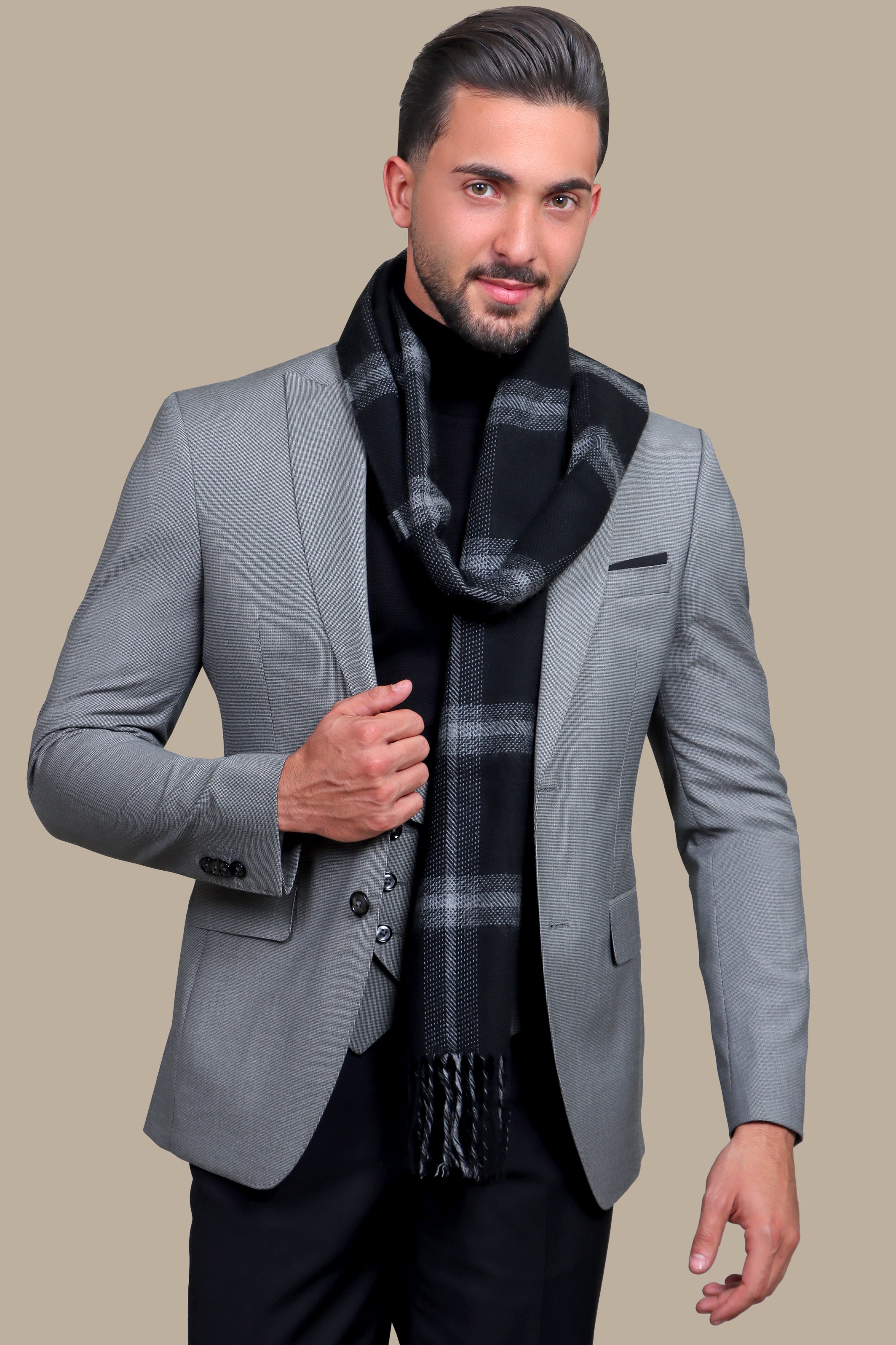 Grey Peak Lapel 3-Piece Suit with Black Pants