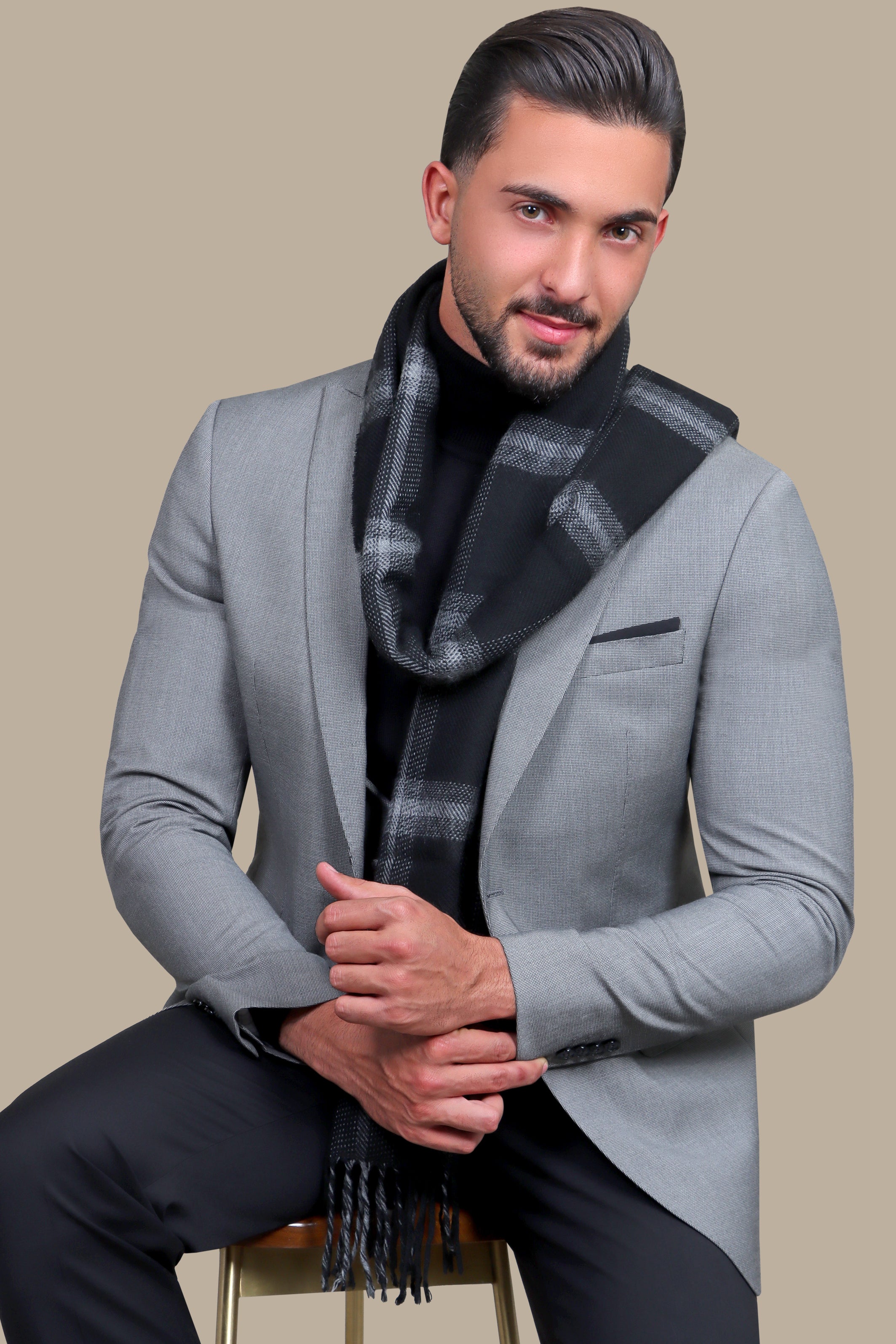 Grey Peak Lapel 3-Piece Suit with Black Pants