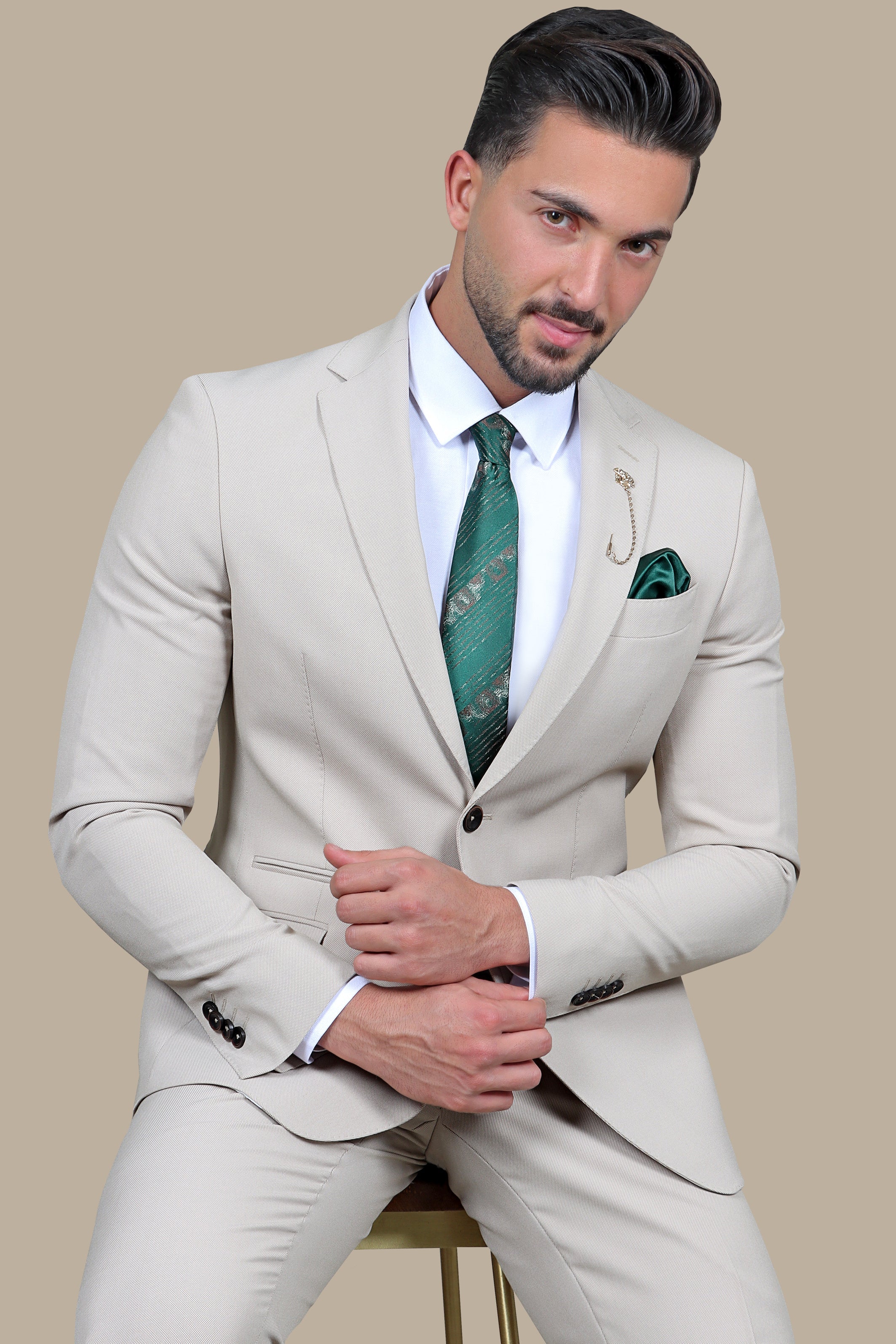 Timeless Charm: The Beige Pique Notch Suit