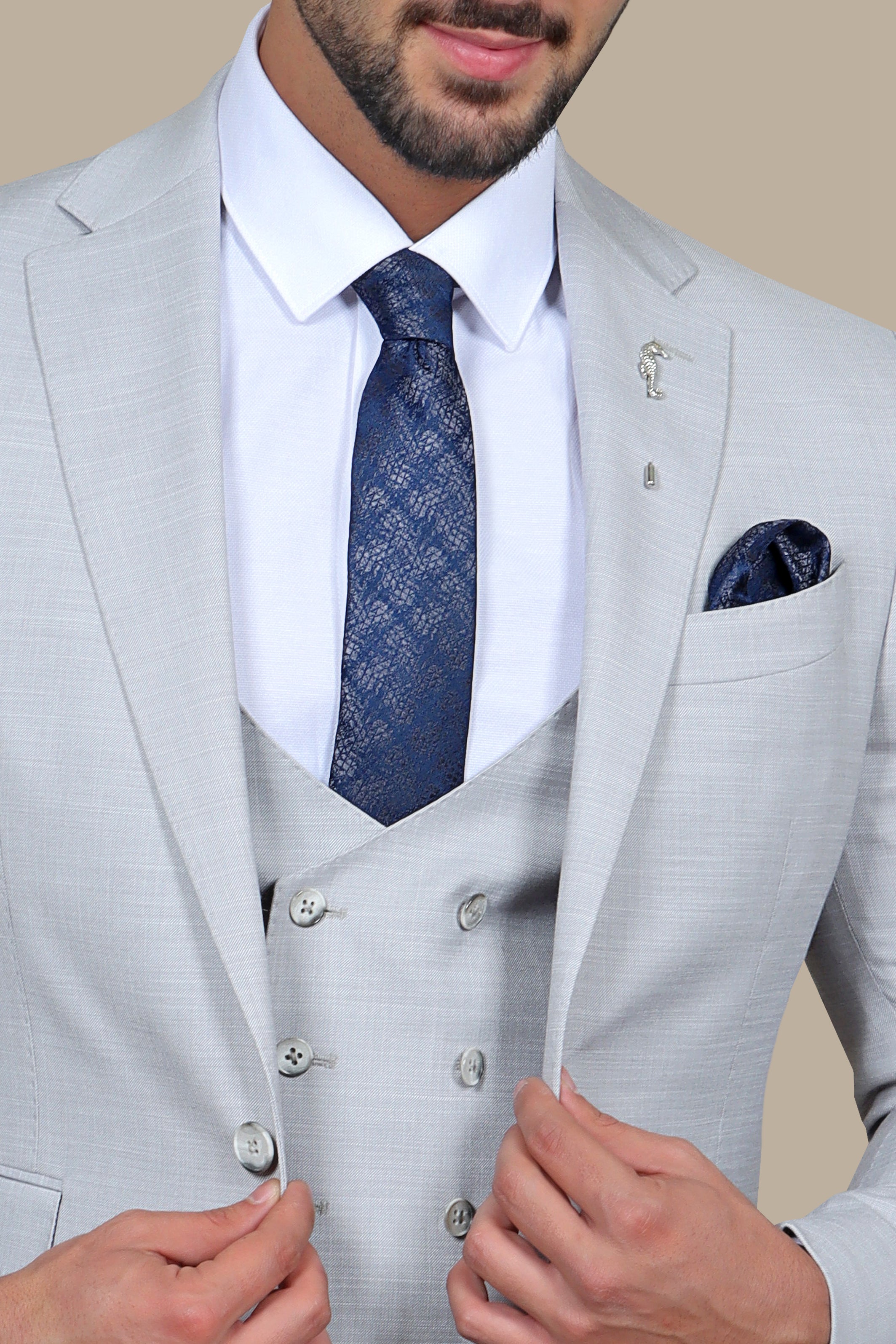 Refined Elegance: Light Grey Fil a Fil Lycra Notch 3-Piece Suit