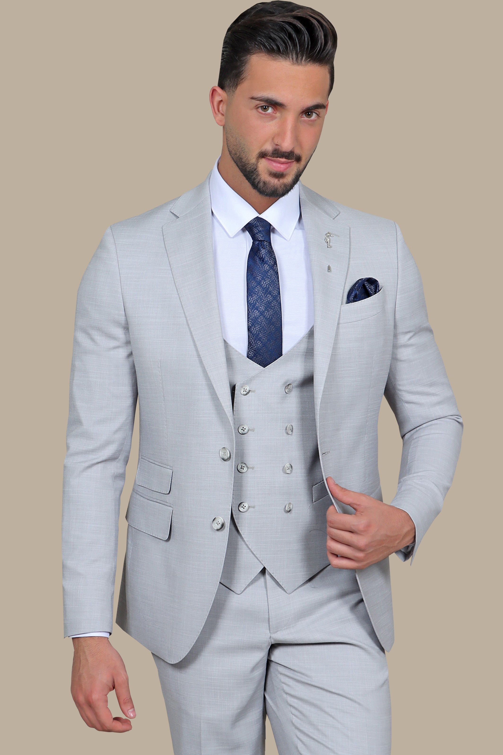 Refined Elegance: Light Grey Fil a Fil Lycra Notch 3-Piece Suit