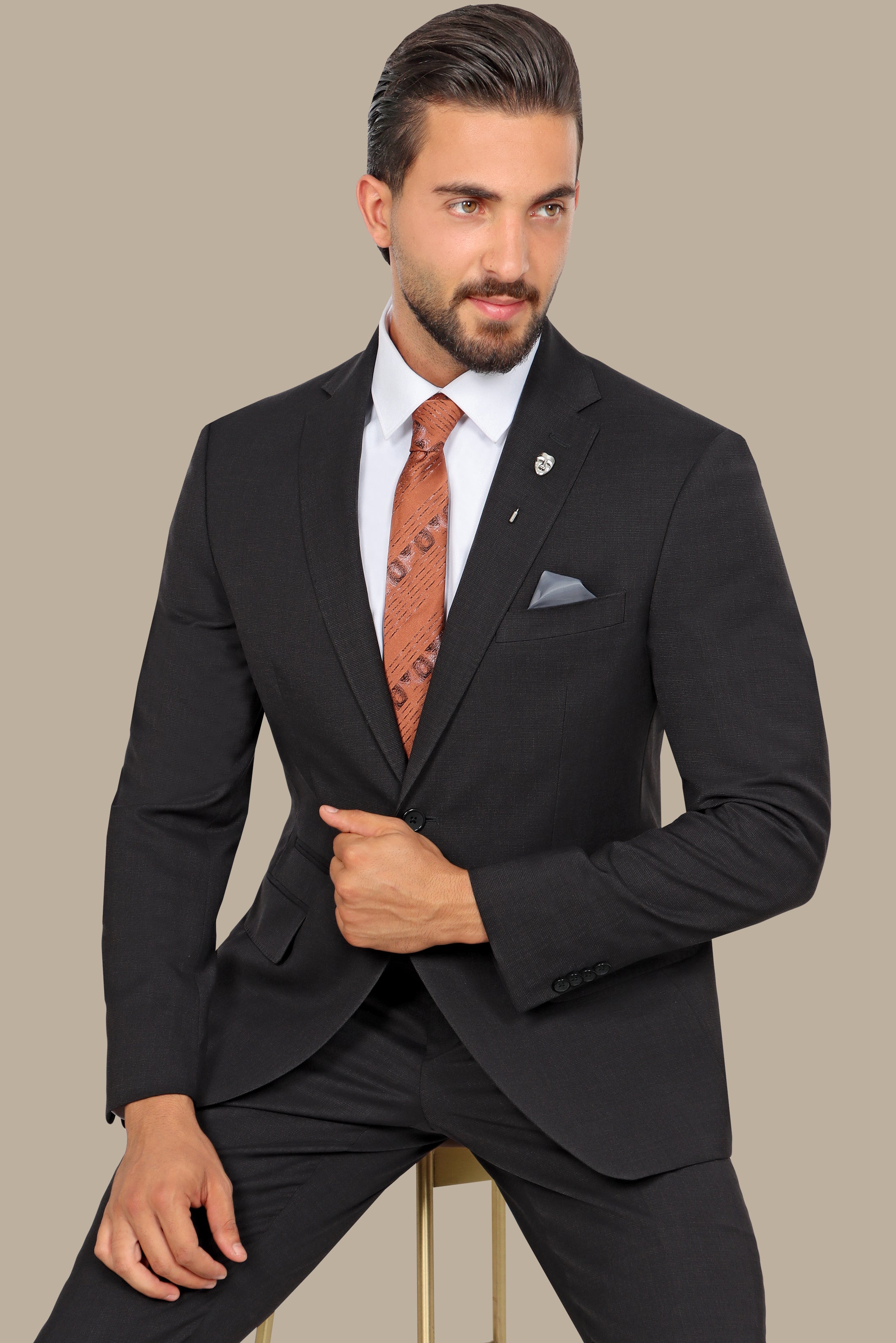 Black Structured Suit with Notch Lapel - 2 Piece