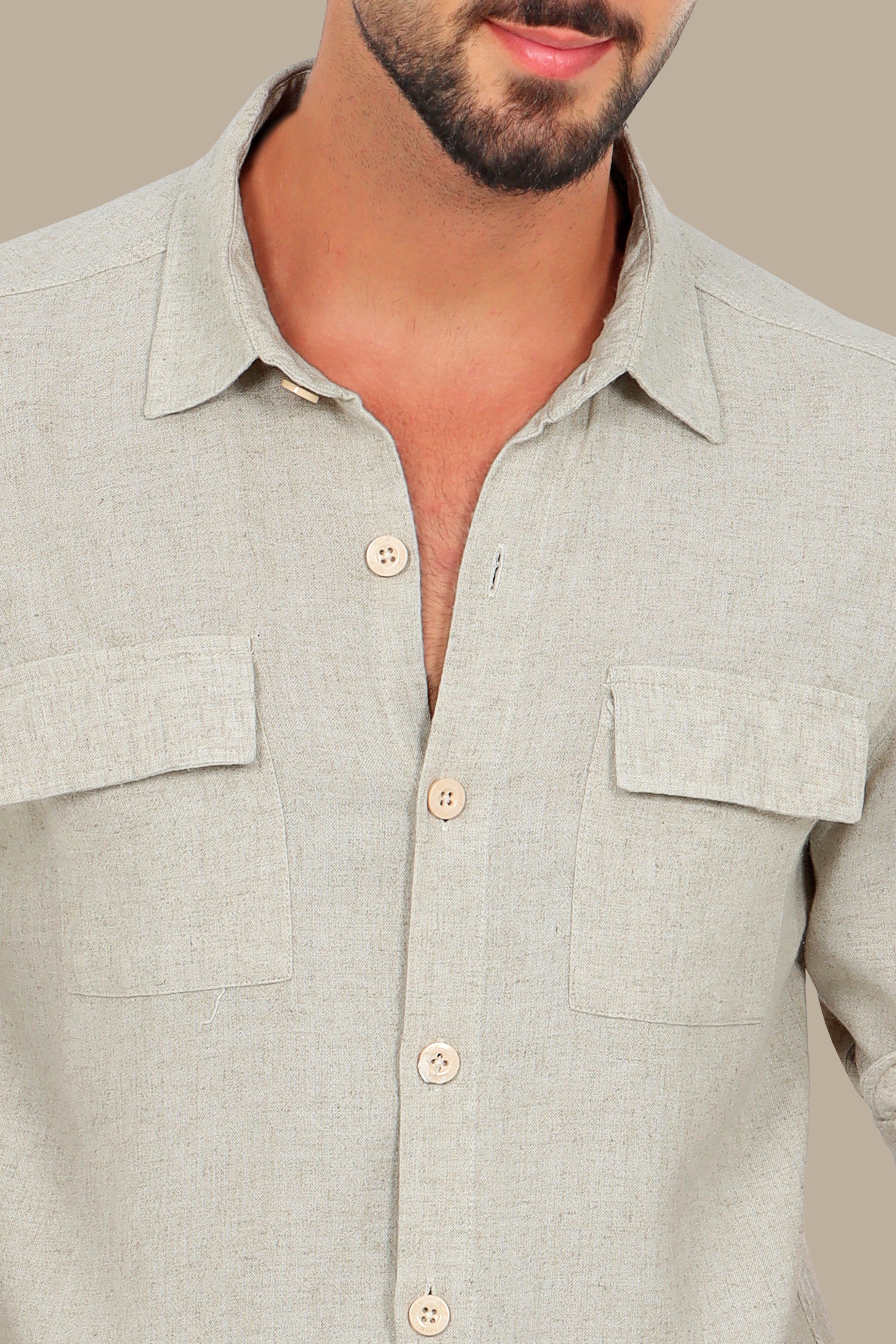 Classic Beige Linen Shirt with Flap Pockets