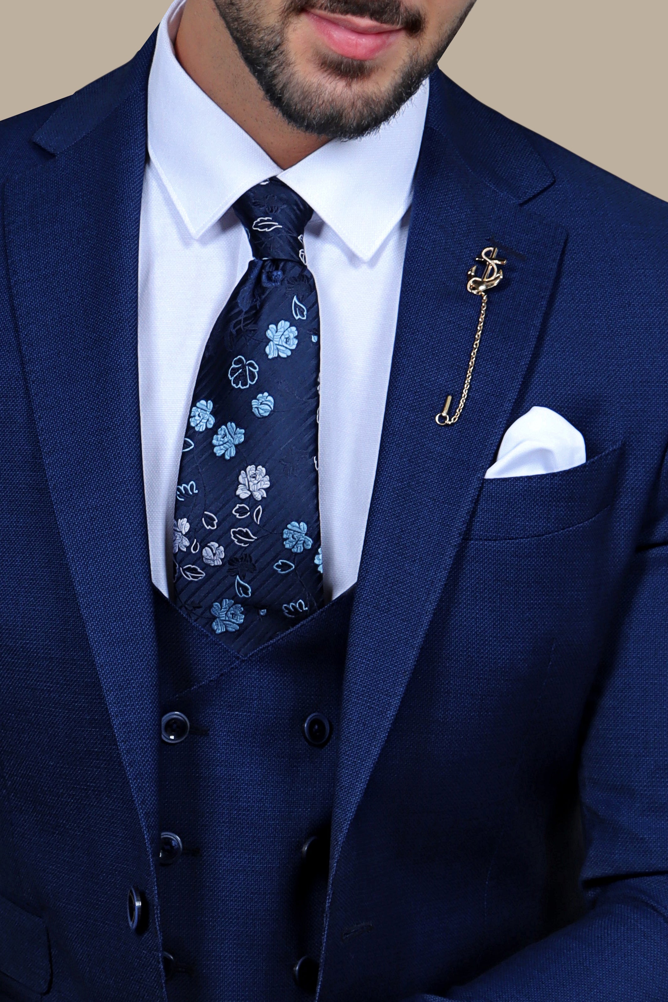 Navy Elegance: Filafil Lycra Notch 3-Piece Suit