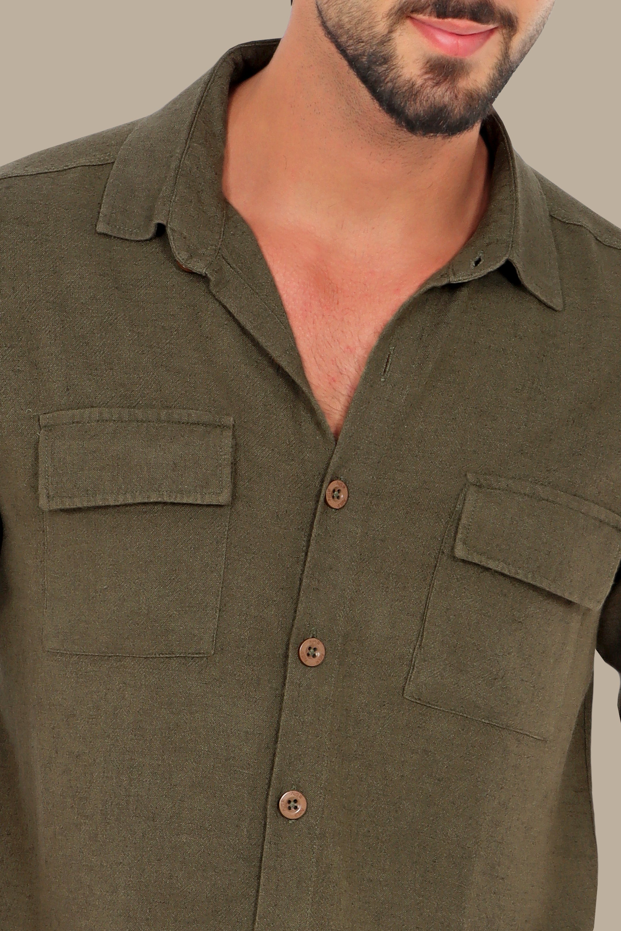 Khaki Linen Shirt with Flap Pockets