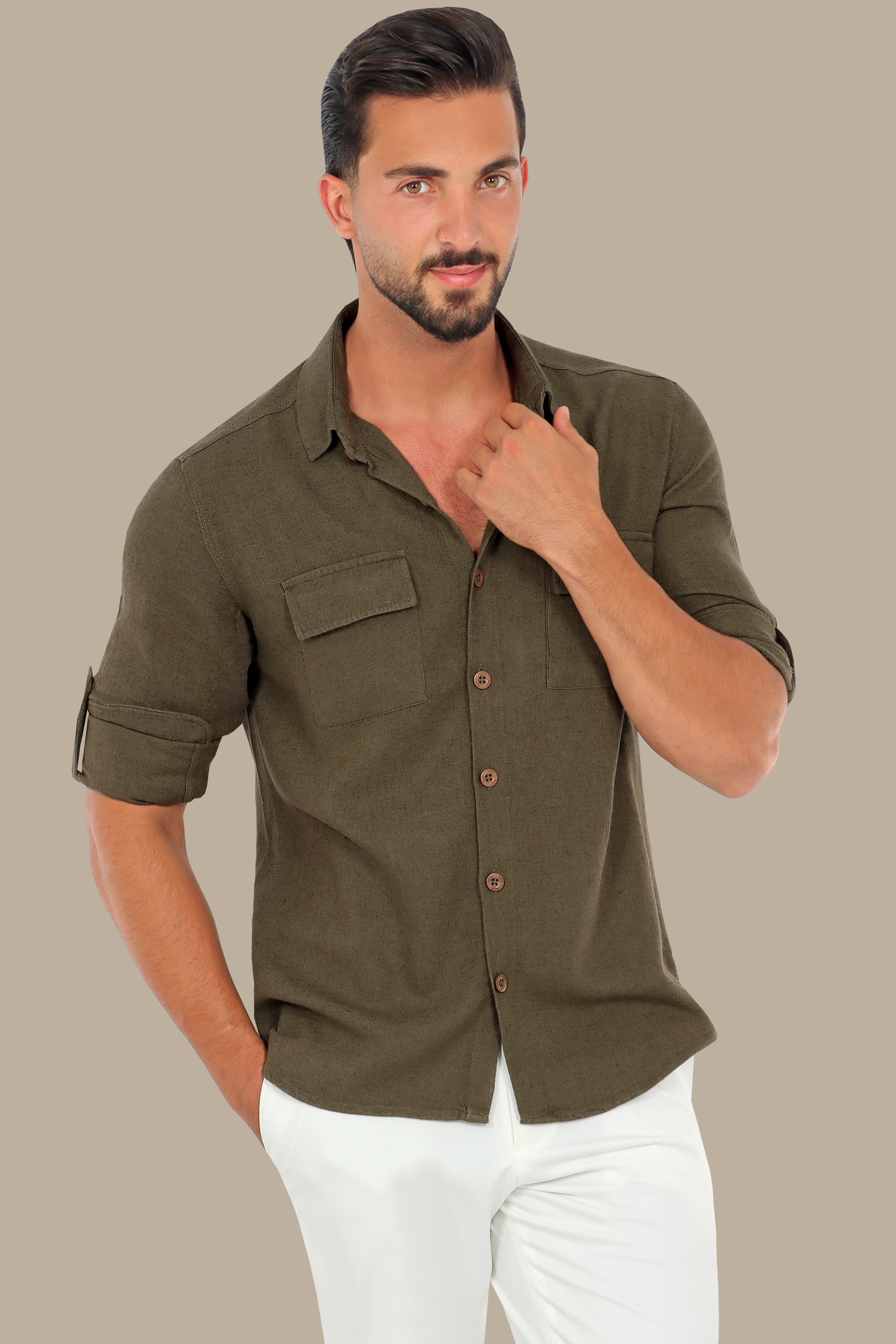 Khaki Linen Shirt with Flap Pockets