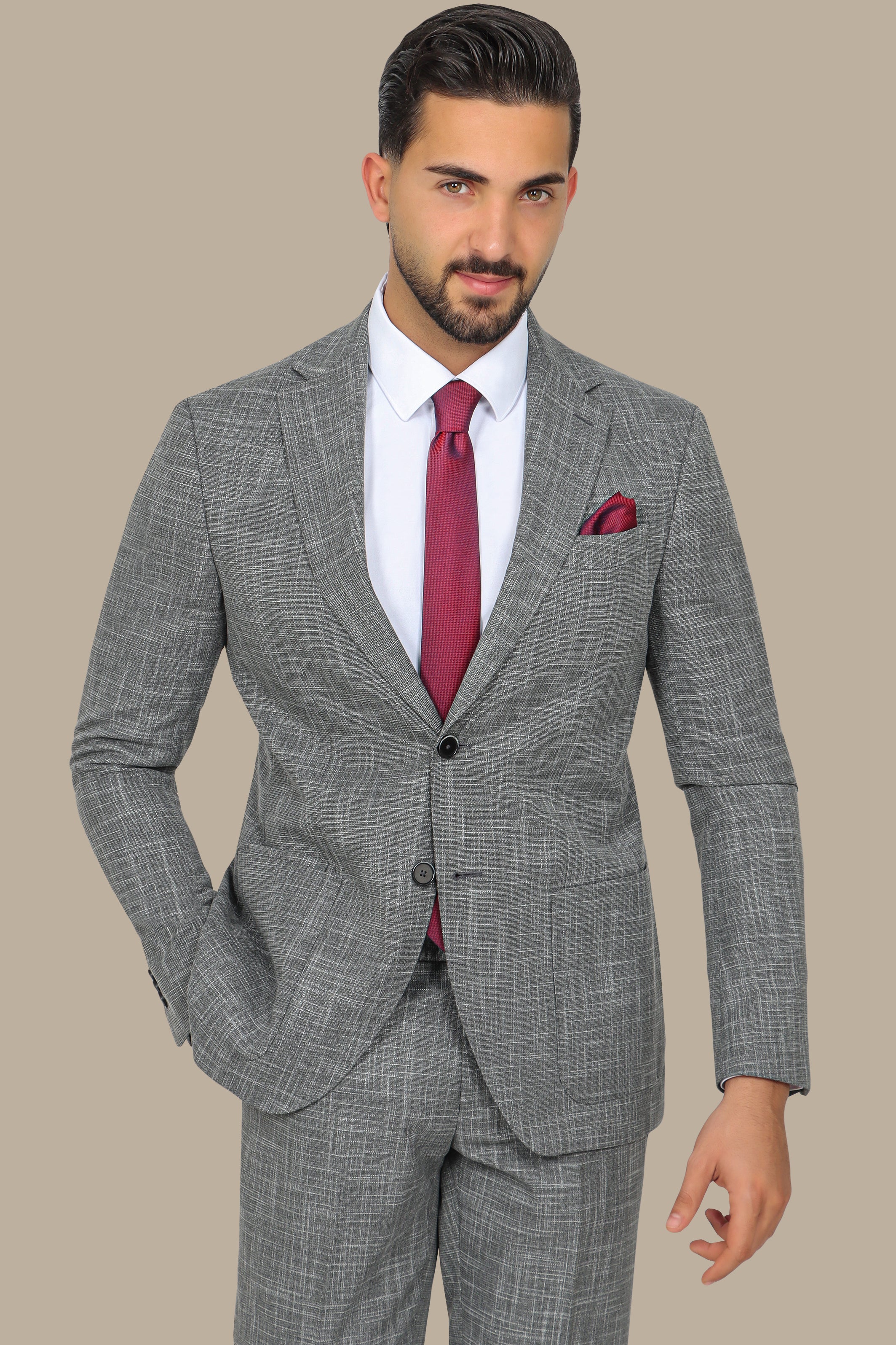 Grey Slim Fit Suit with Down Notch Patch Pockets