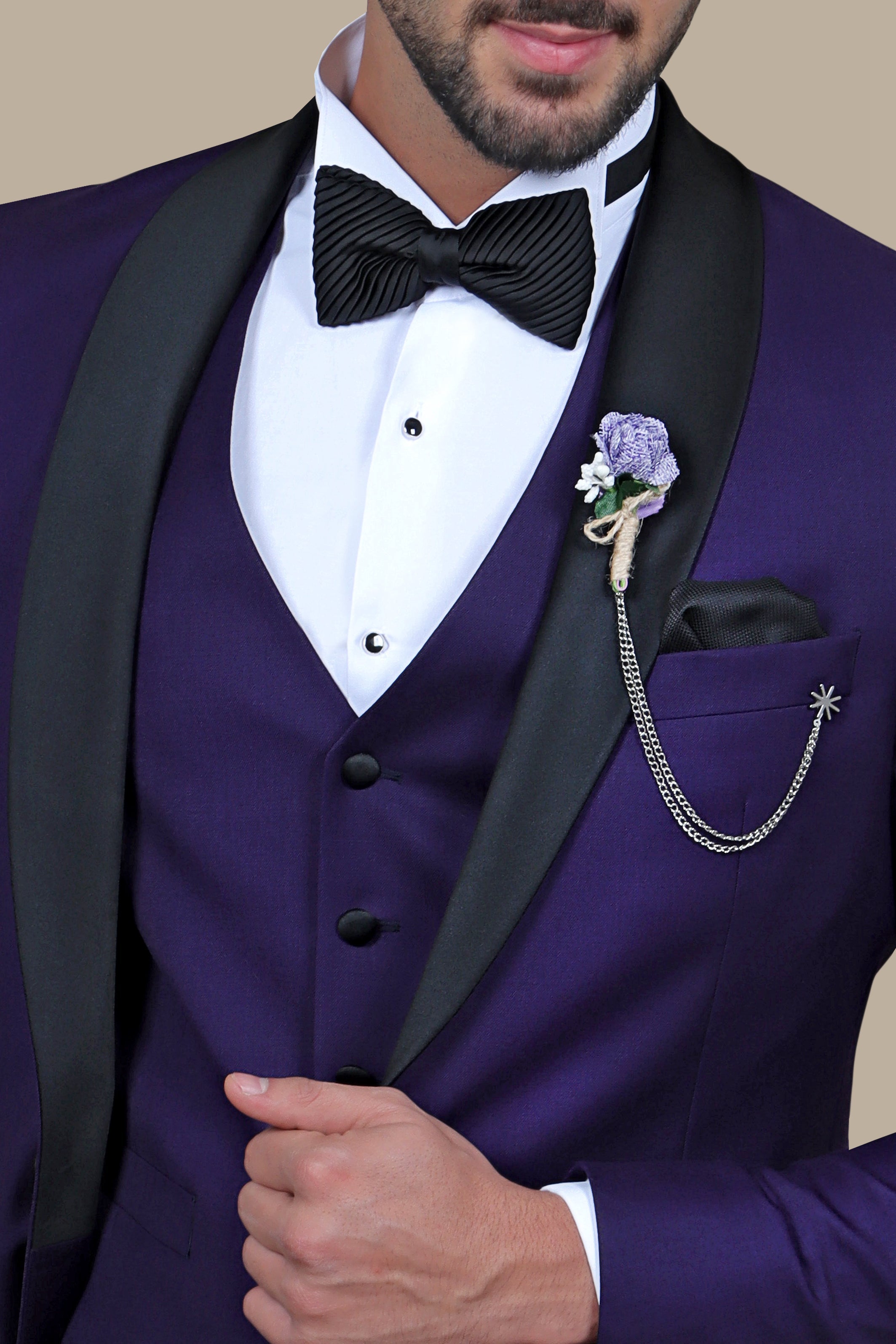 Regal Splendor: Purple Shawl Collar 3-Piece Tuxedo