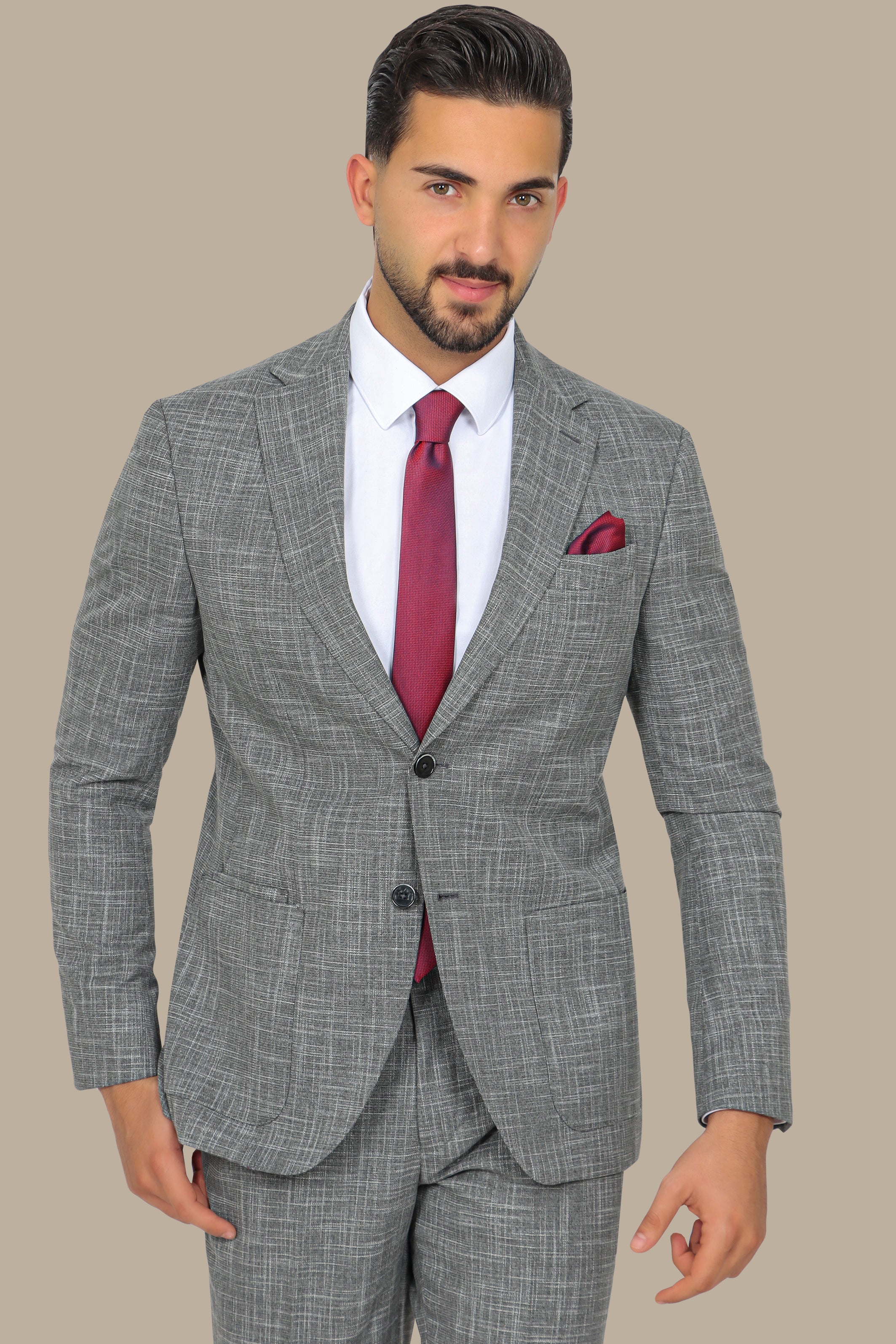 Grey Slim Fit Suit with Down Notch Patch Pockets