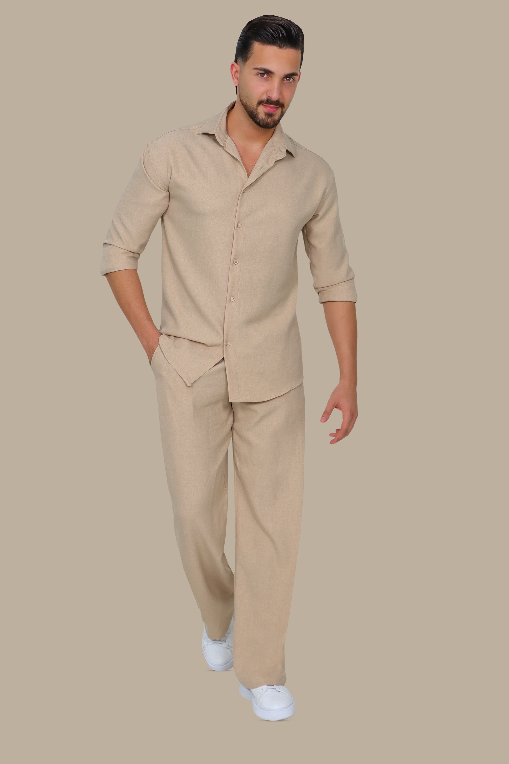 Beige Linen Loose Long Sleeve Tracksuit