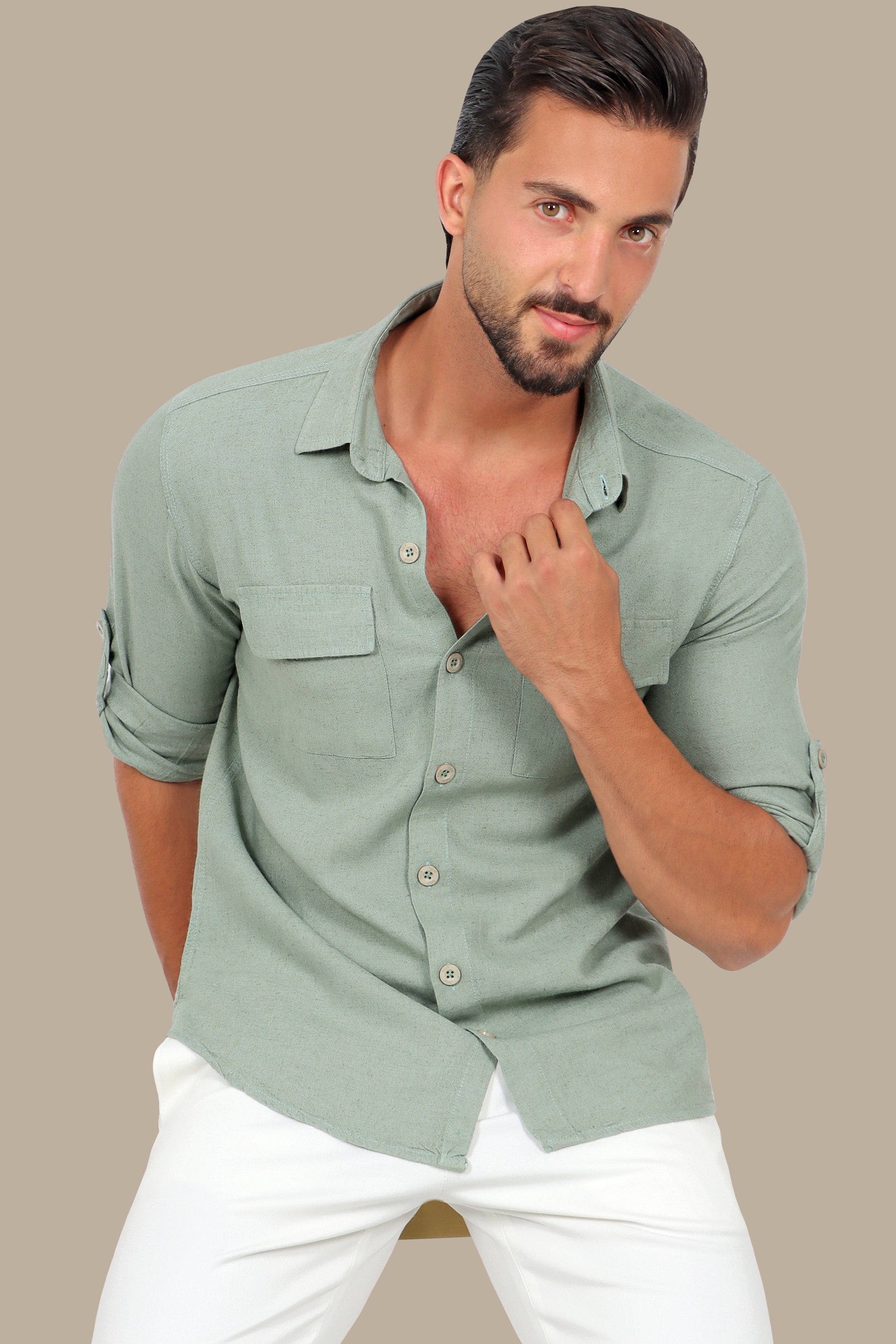 Olive Linen Shirt with Flap Pockets