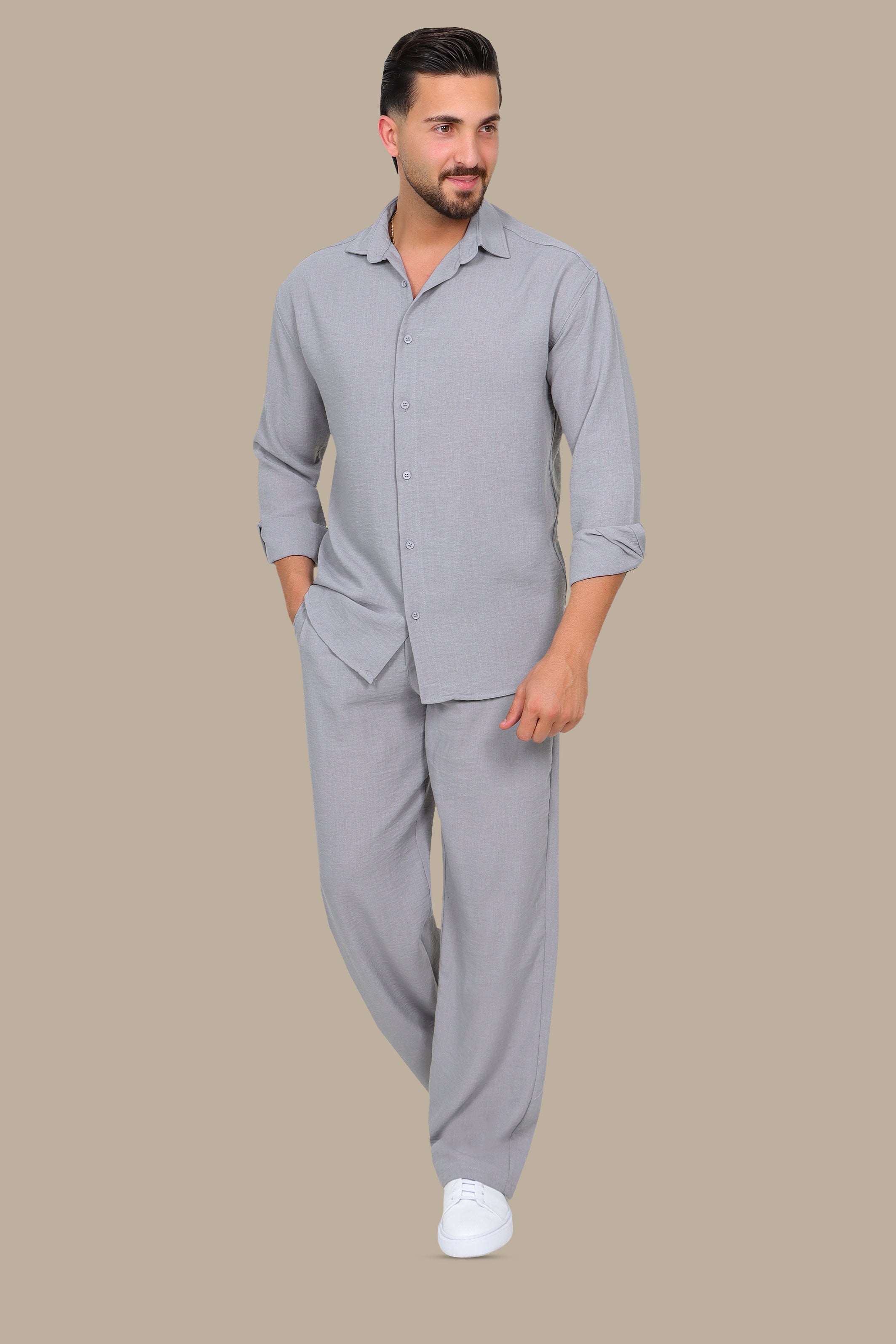 Grey Linen Loose Long Sleeve Tracksuit