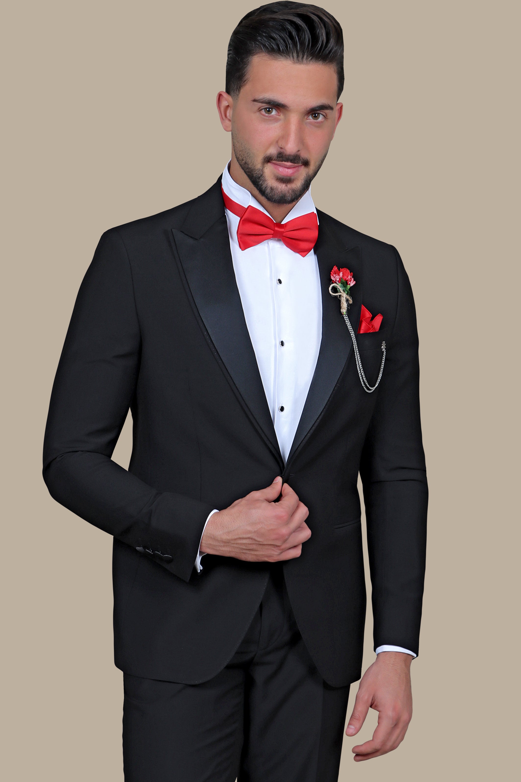 Double Layered Elegance: Black Peak Lapel Tuxedo Suit