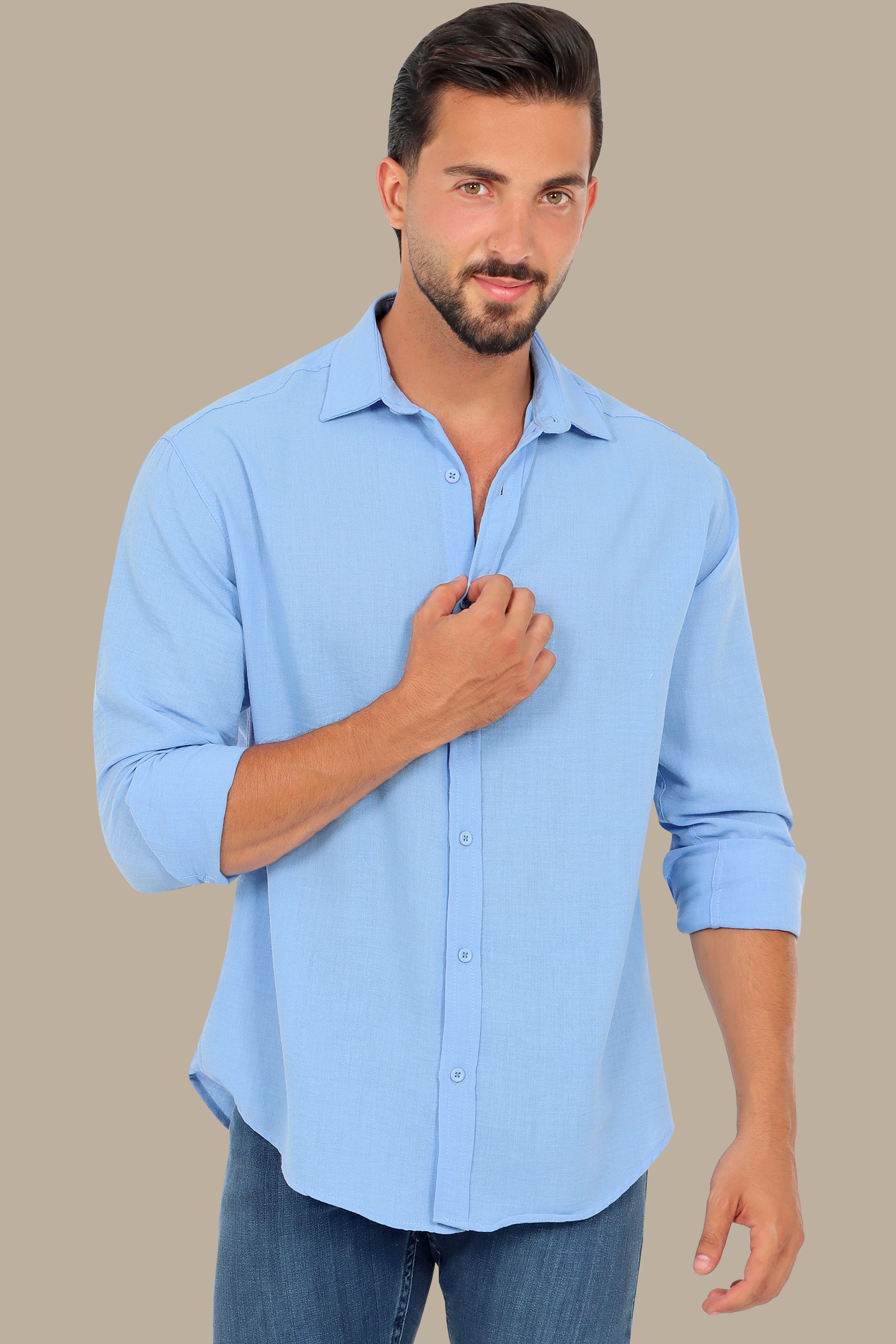 Sky Blue Linen Breeze: Short Sleeve Plain Shirt