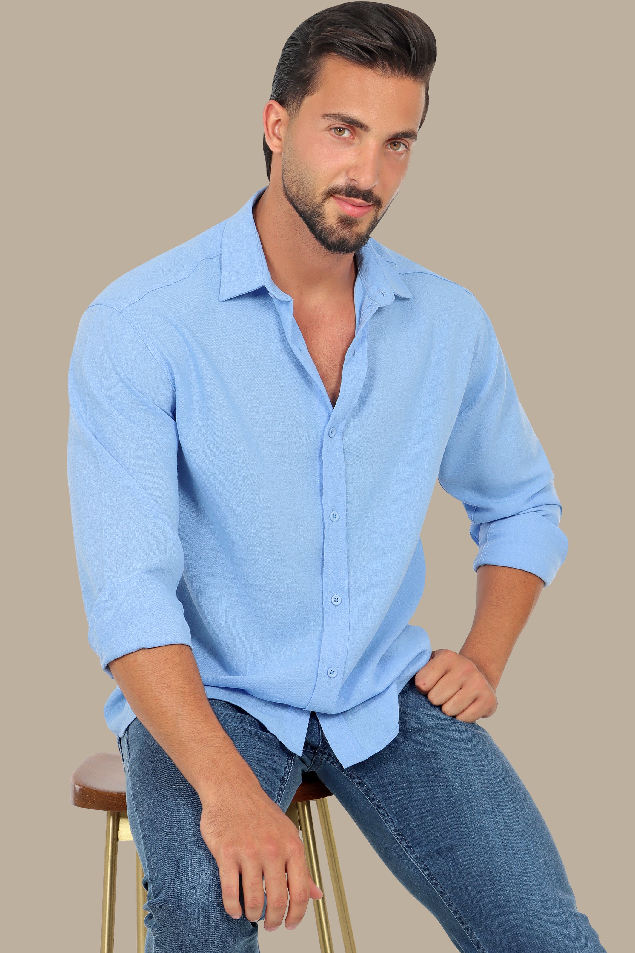 Sky Blue Linen Breeze: Short Sleeve Plain Shirt