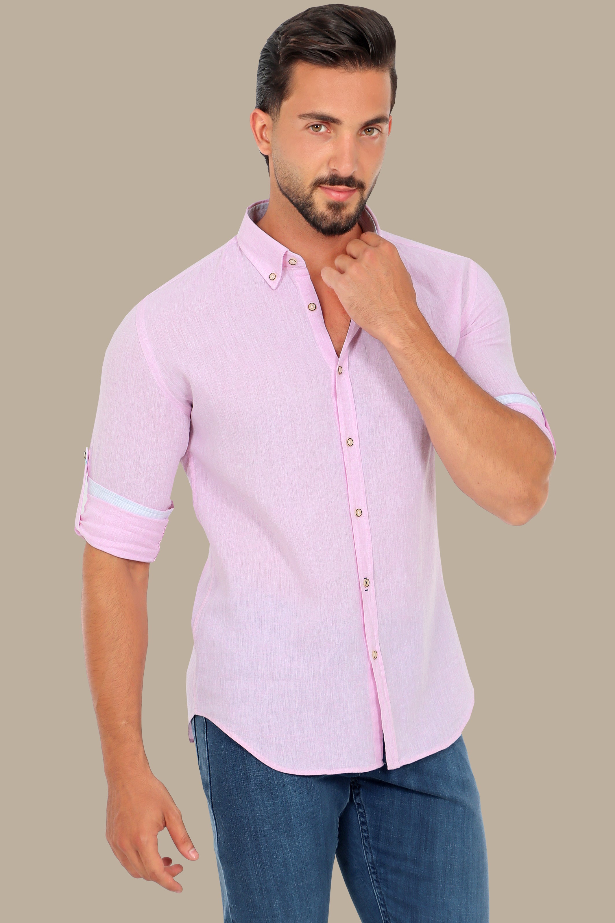 Chic Pink Linen Shirt with Printed Collar