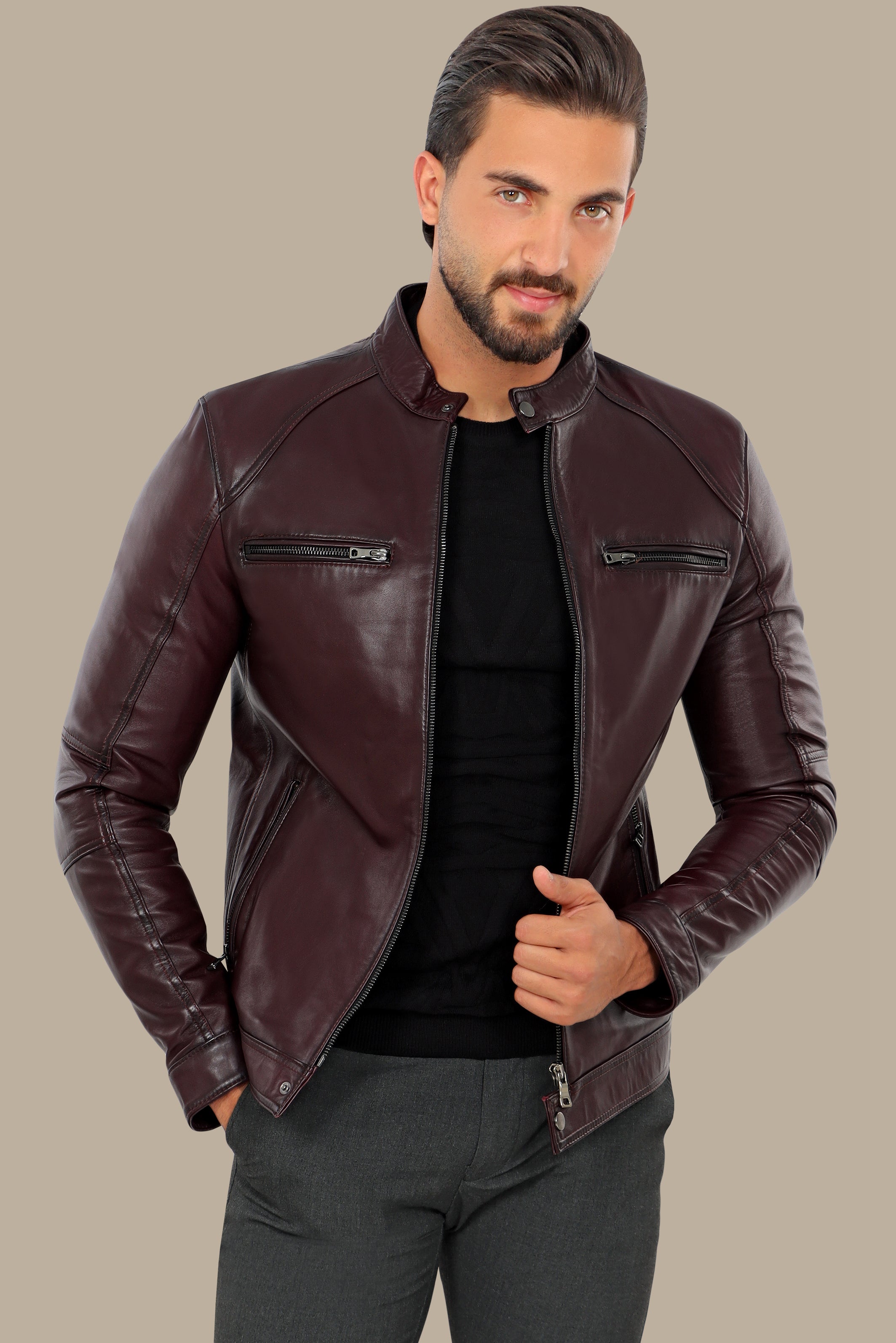 Burgundy Blaze: Leather Collar Jacket with Quadruple Zippers